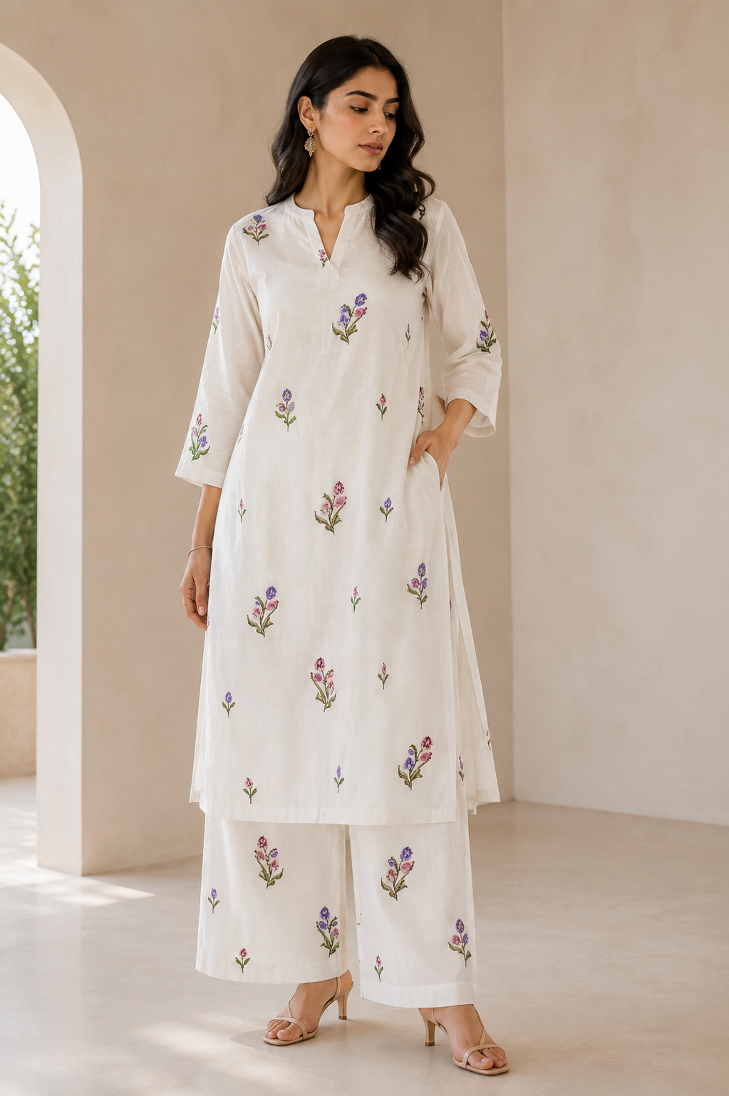 White Mul Fabric with Floral Embroidered Pattern