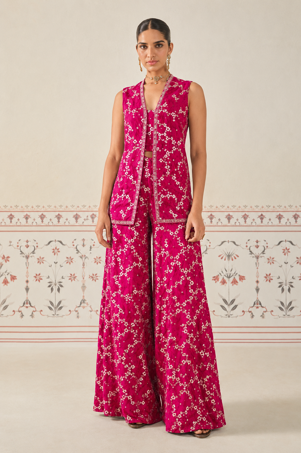 Magenta Pink Chiniya Silk Weaving Bandhani Fabric