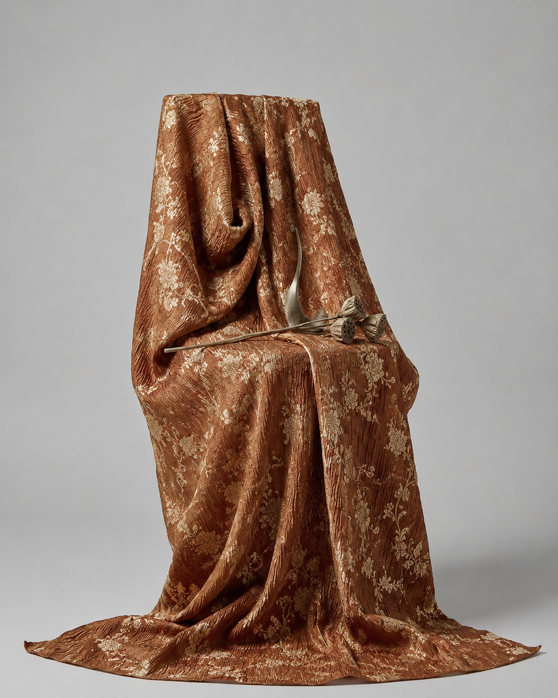Copper Brown Floral Crush Tissue Silk Fabric