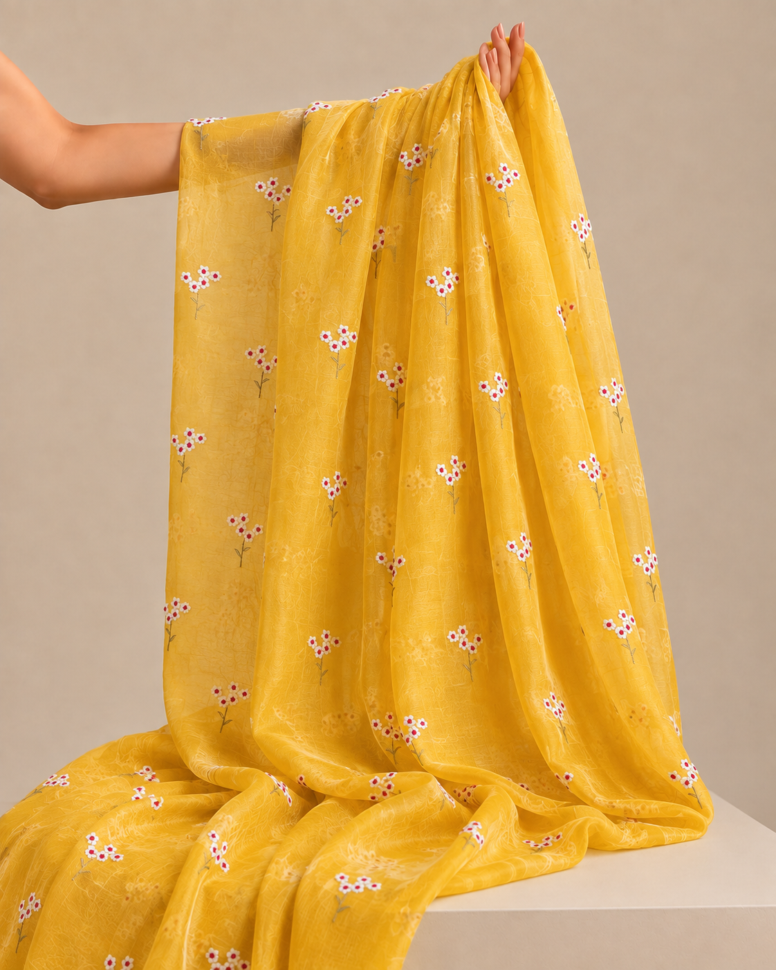 Mustard Yellow Mul Fabric with Floral Embroidered Motif