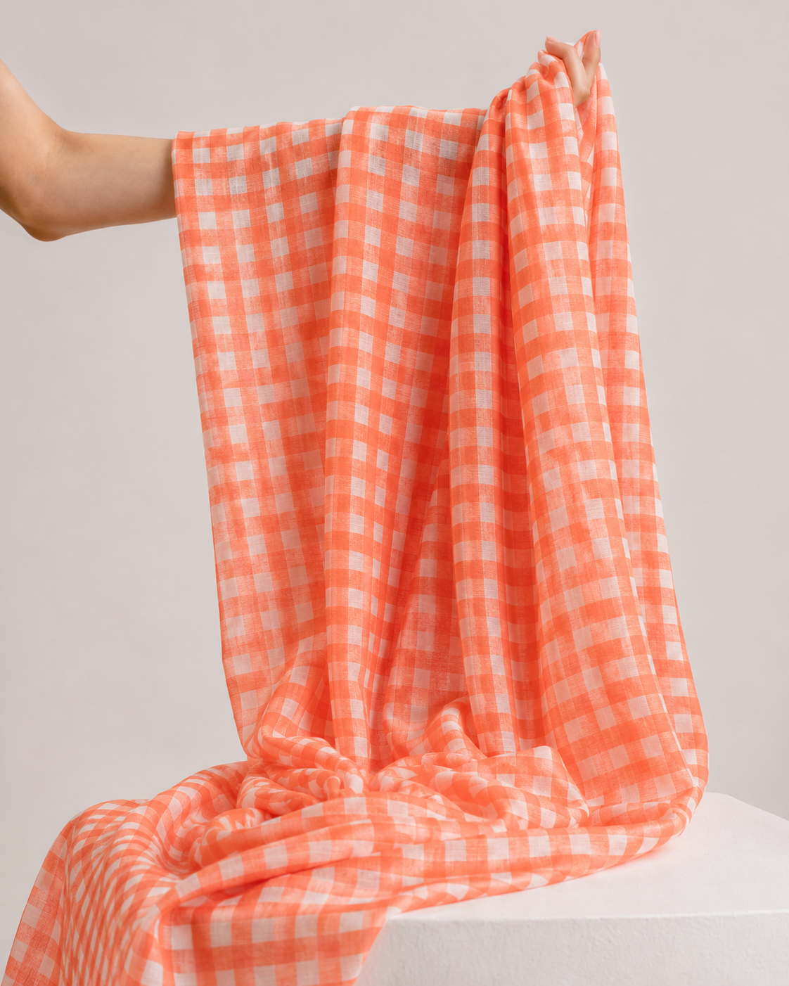 Orange Printed Mul Checkered Fabric