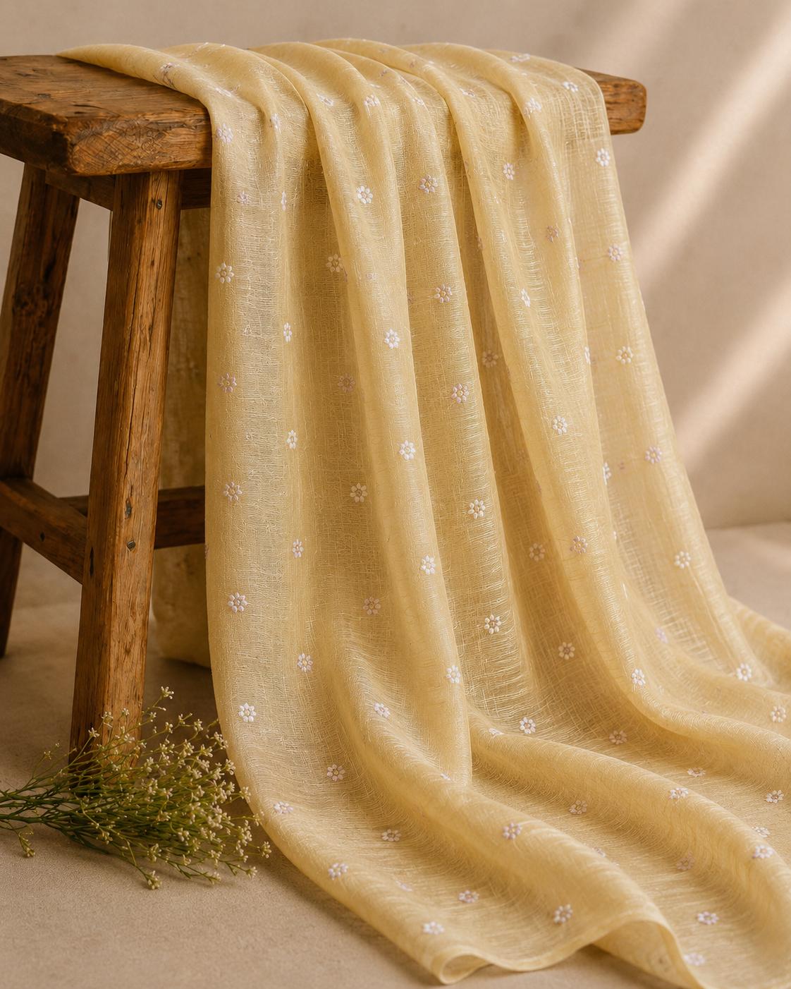 Pastel  Yellow Silk Linen Fabric With Flower Embroidery