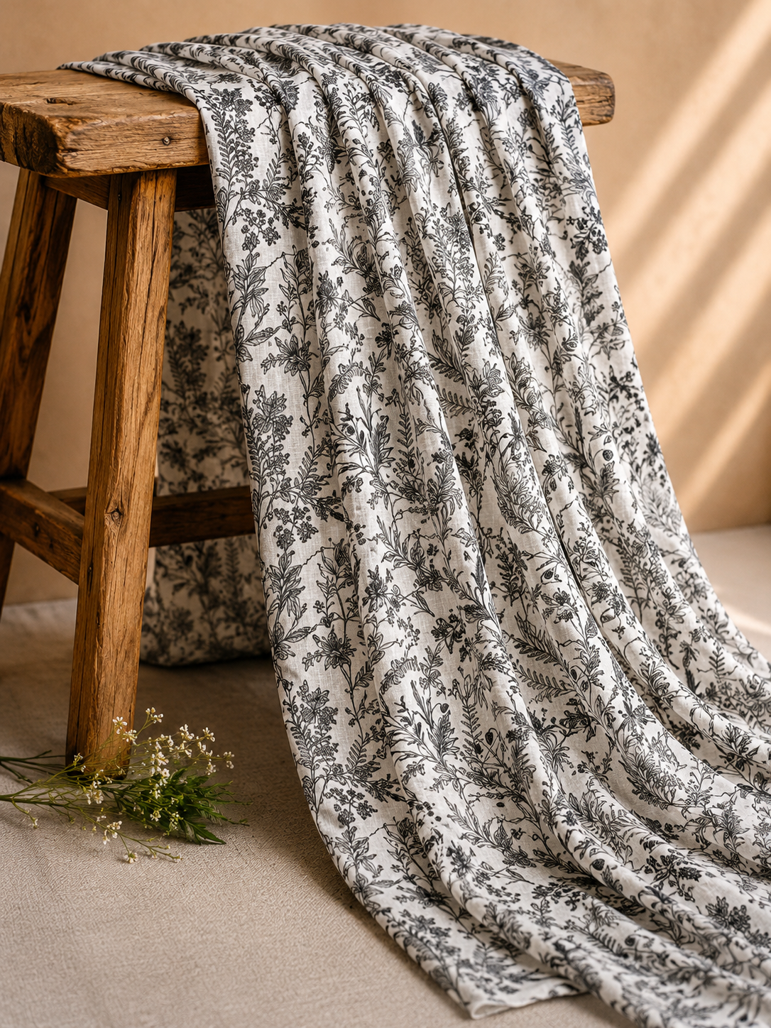 White Linen Printed Fabric with Wild Botanical Floral Motifs