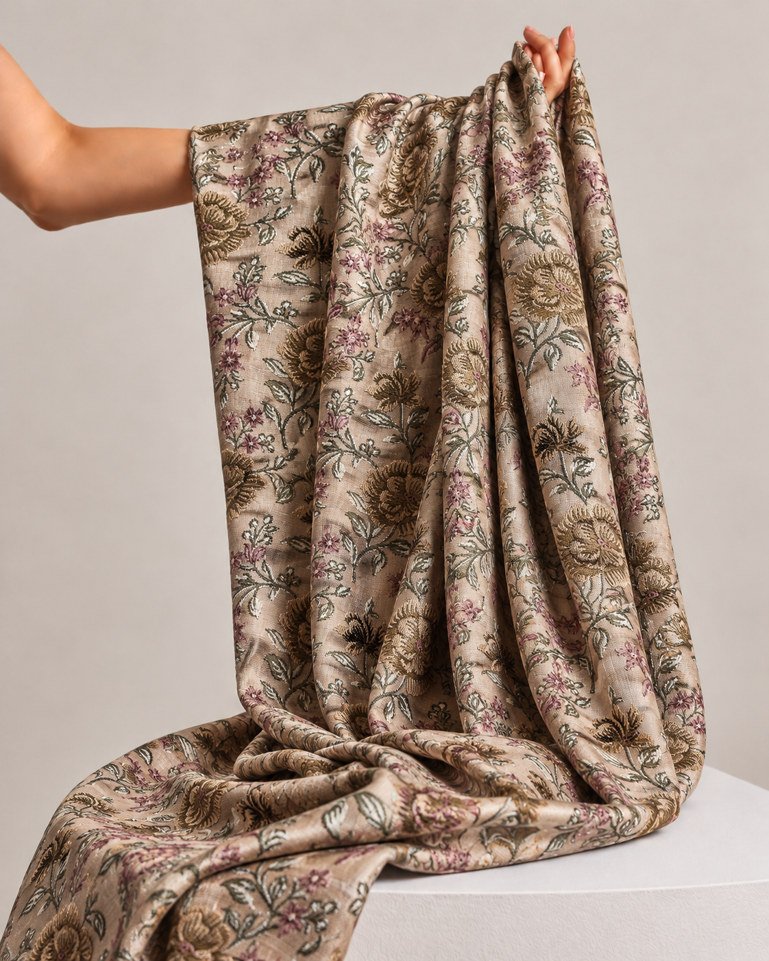 Beige Pure Tussar Natural Floral Embroidered Fabric
