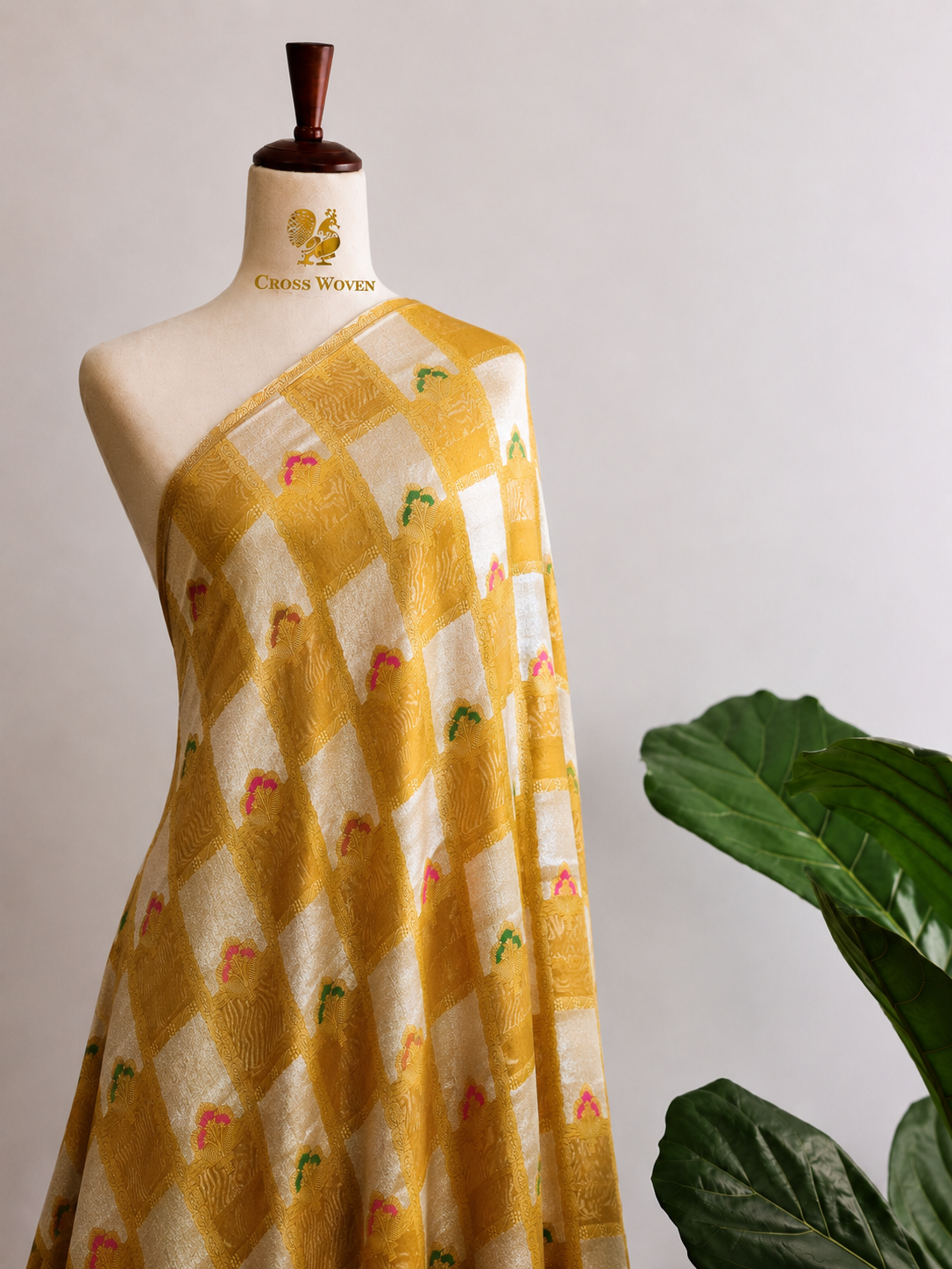 Mustard Yellow Soft Silk Fabric with Meenakari Checkered Zari Weave