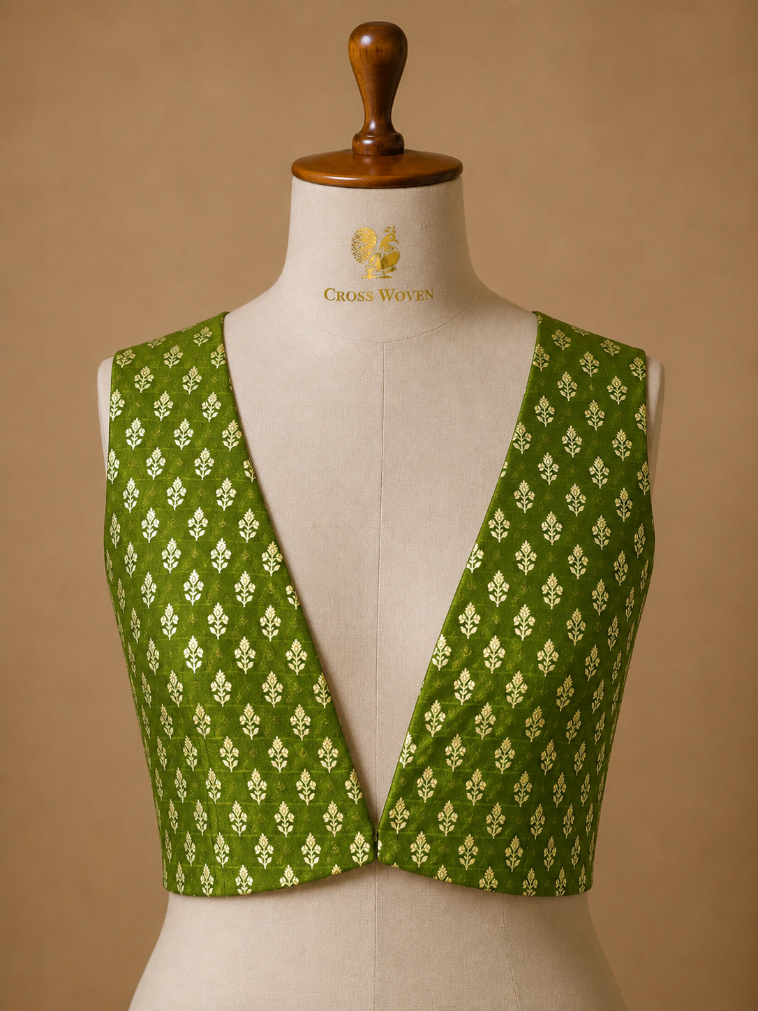 Olive Green Semi Katan Silk Allover Floral Bootis Blouse Piece