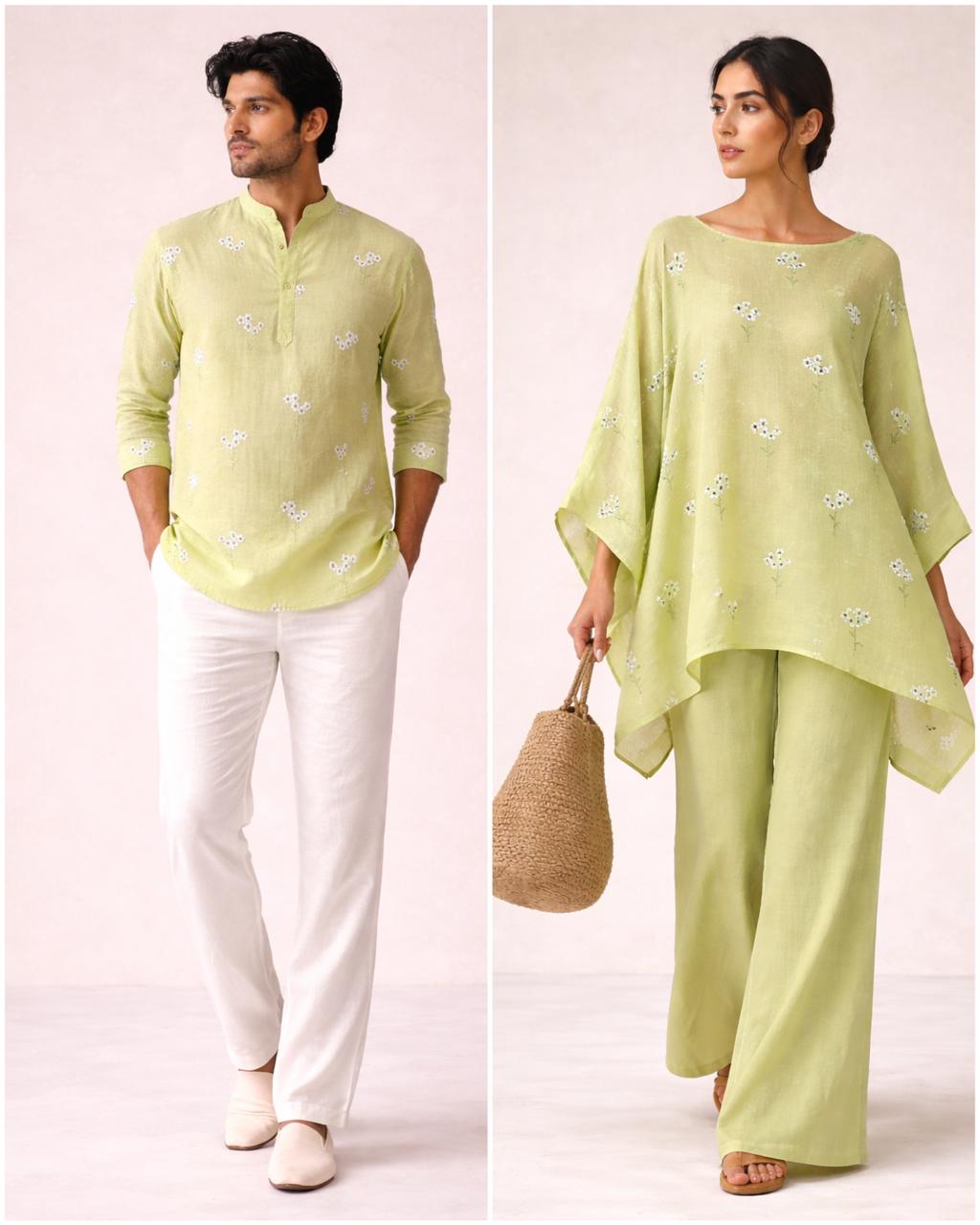 Lime Green Mul Fabric with Floral Embroidered Motif