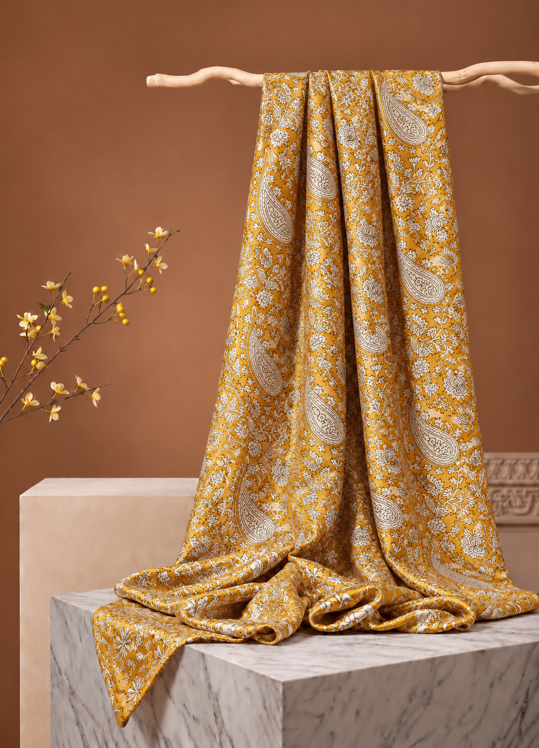Yellow Muslin Silk Paisley Block Print Fabric