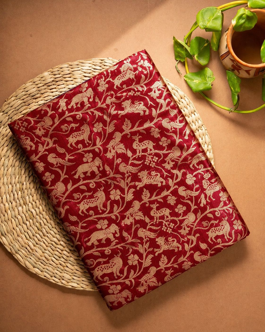Deep Red Shikarghah Katan Silk Handloom Fabric