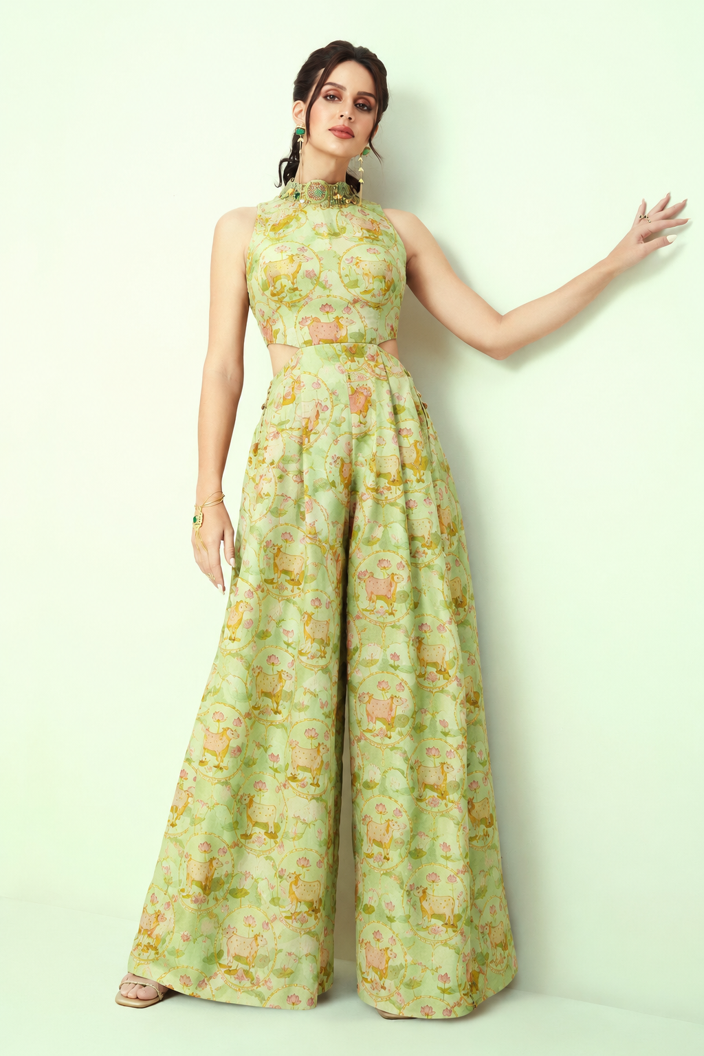 Pista Green Mul Pichwai Prints Fabric