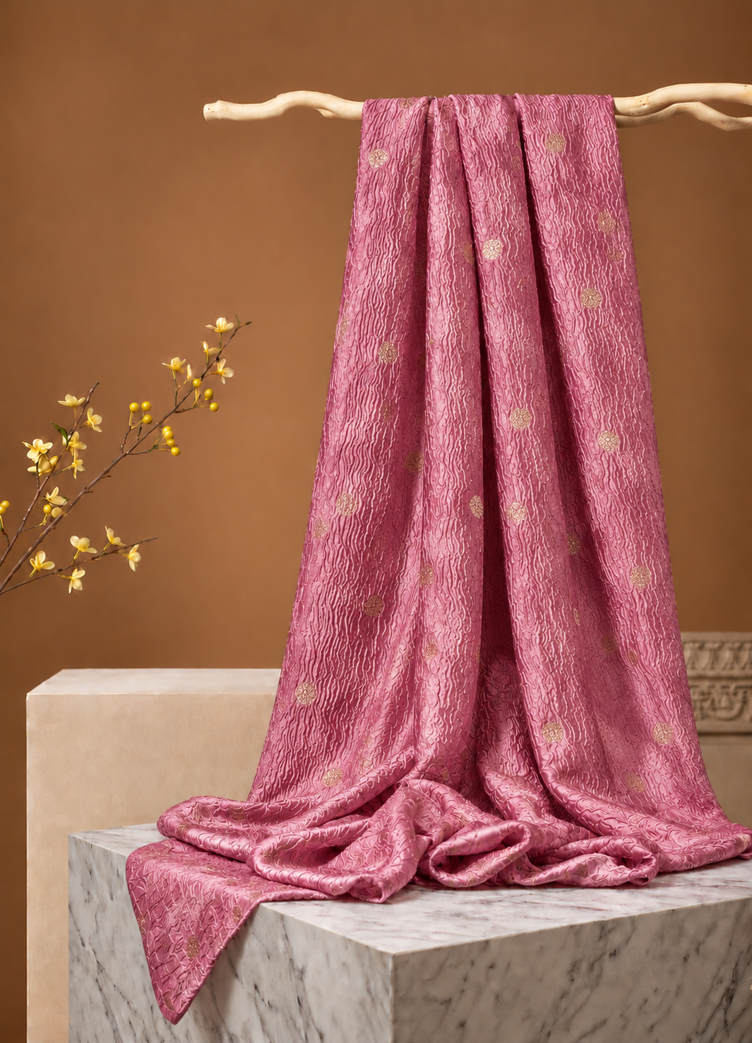 Rose Gold Crushed Tissue Fabric with Gold Zari Floral Motifs
