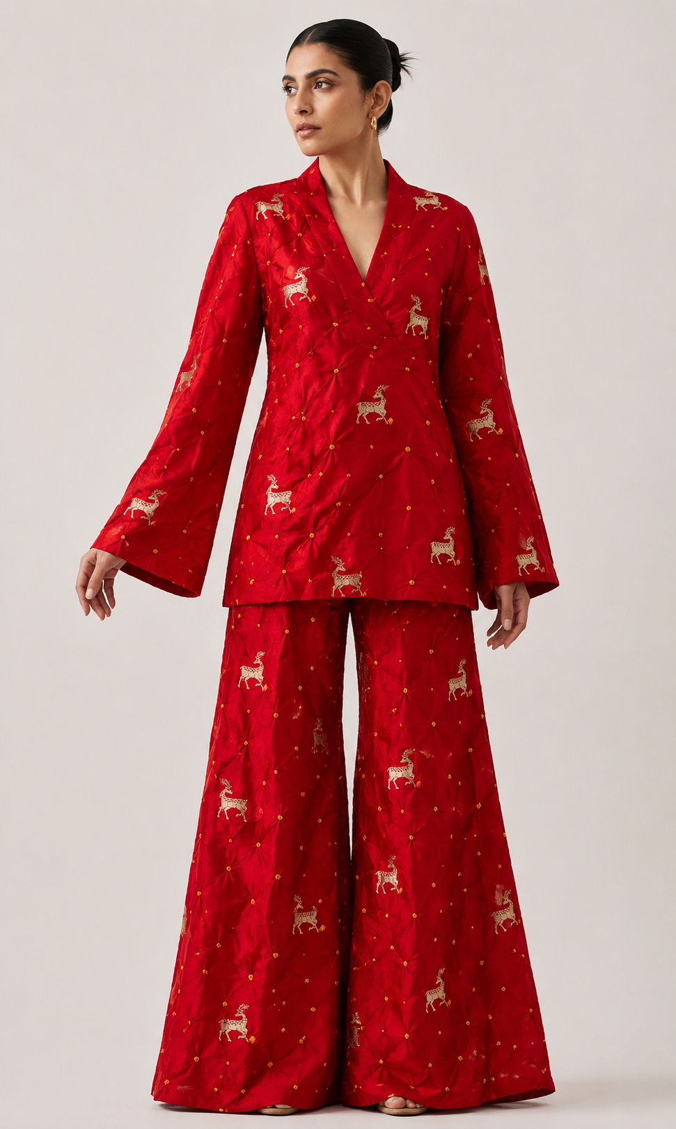 Red Chiniya Silk Bandhani With Deer Kadhwa Motif Fabric