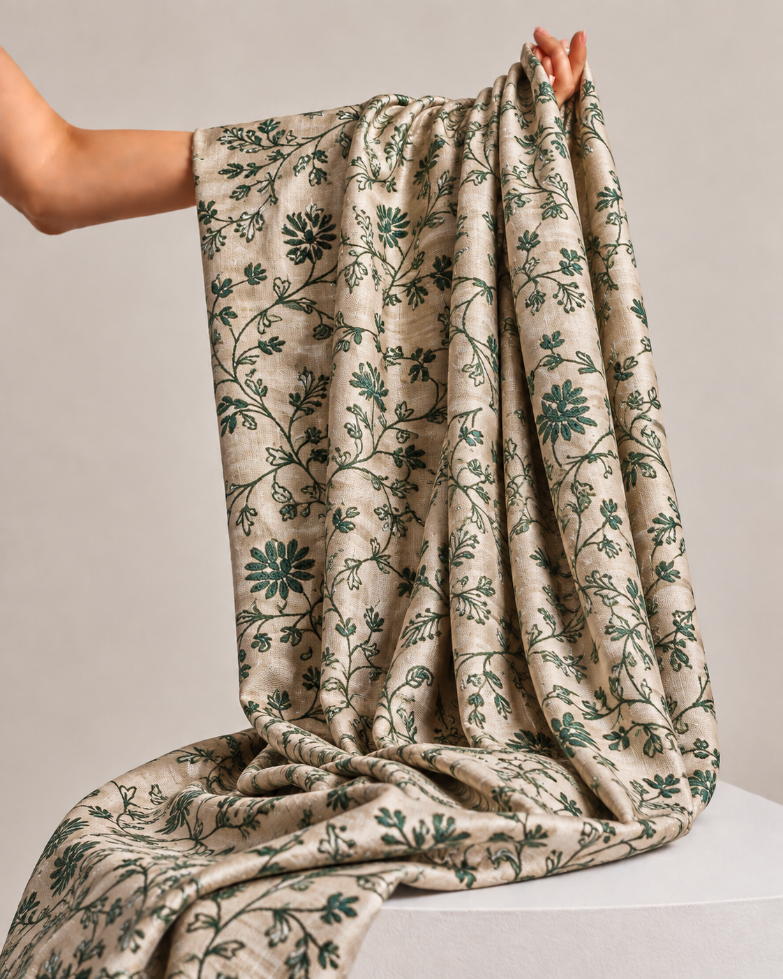 Ivory-Beige Pure Tussar Natural Floral Embroidered Fabric