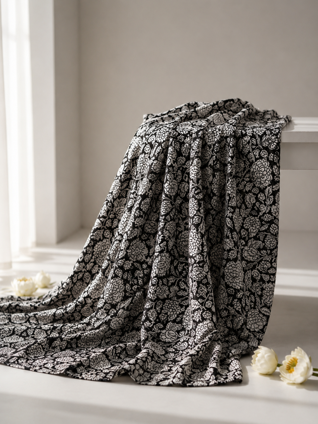 Black Chanderi Silk Fabric With Hand Block Print