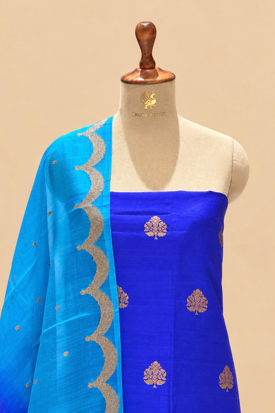 Royal Blue Tusser Antique Zari Suit Set With Ombré Dye Organza Dupatta