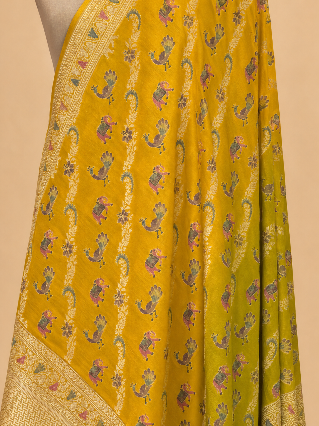 Hand Brush-Dyed Shaded Moonga Silk Dupatta with Shikargah Motifs