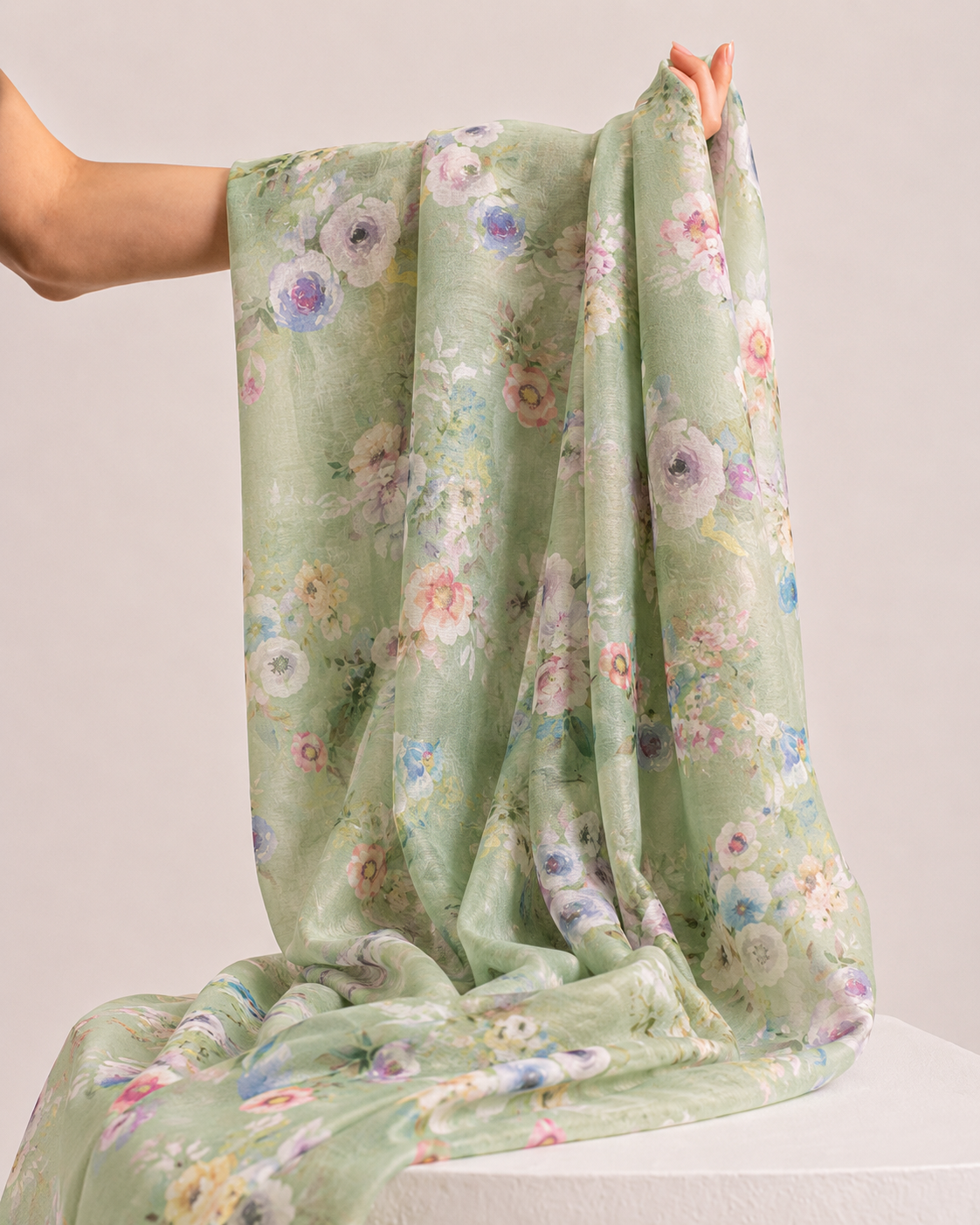 Mint Green Printed Mul Fabric