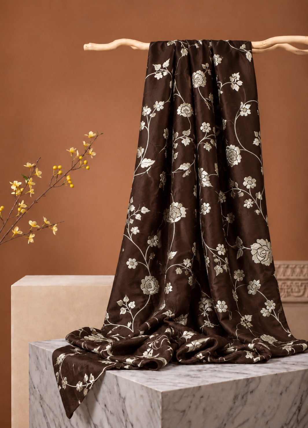 Chocolate Brown Muslin Fabric With Parsi Embroidery
