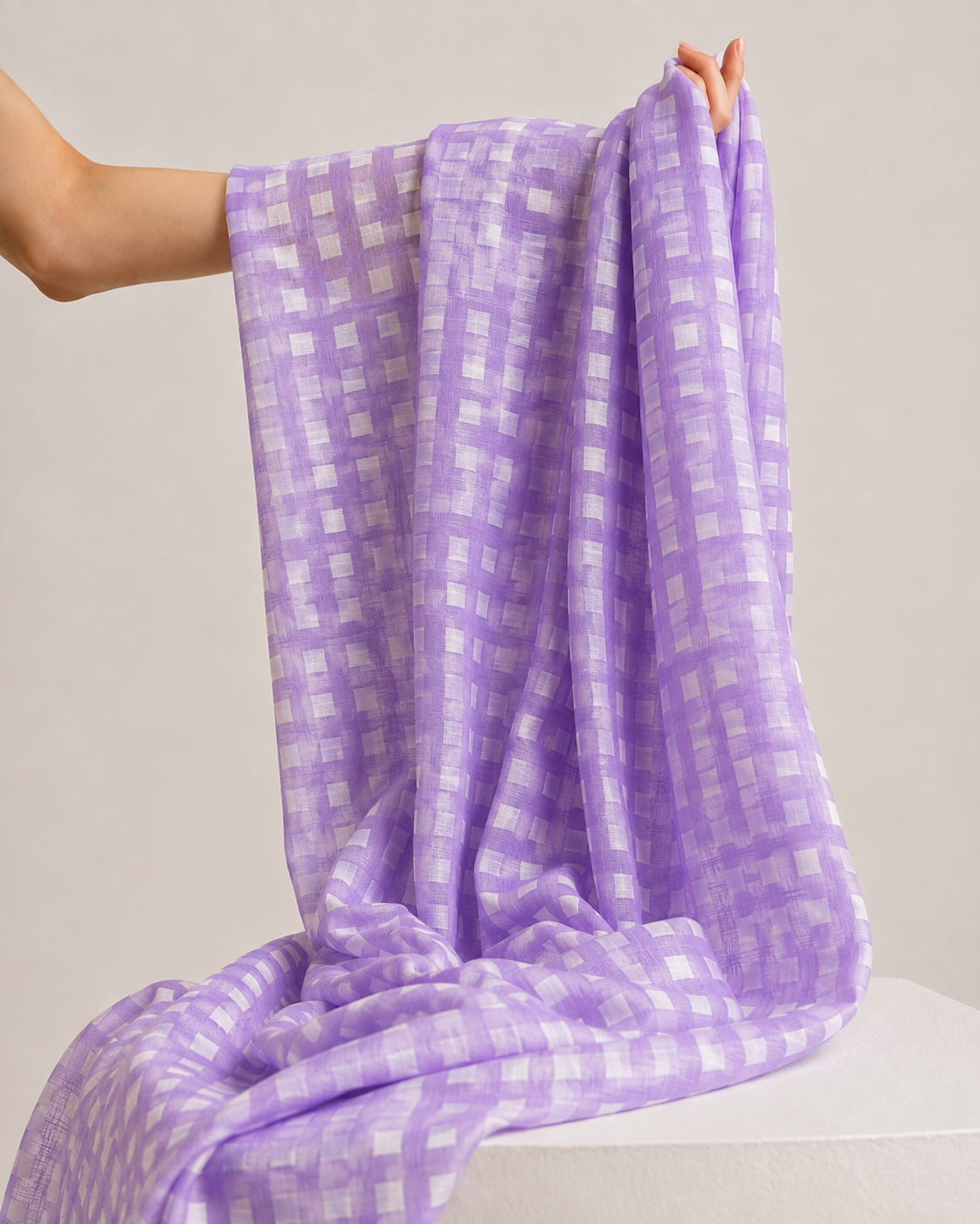 Lavender Printed Mul Checkered Fabric