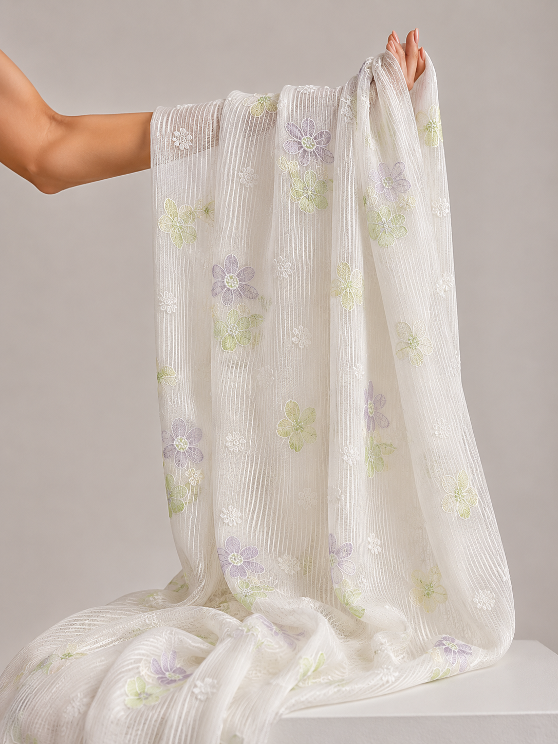 White Mul Fabric with Pastel Floral Embroidery & Woven Self Stripes