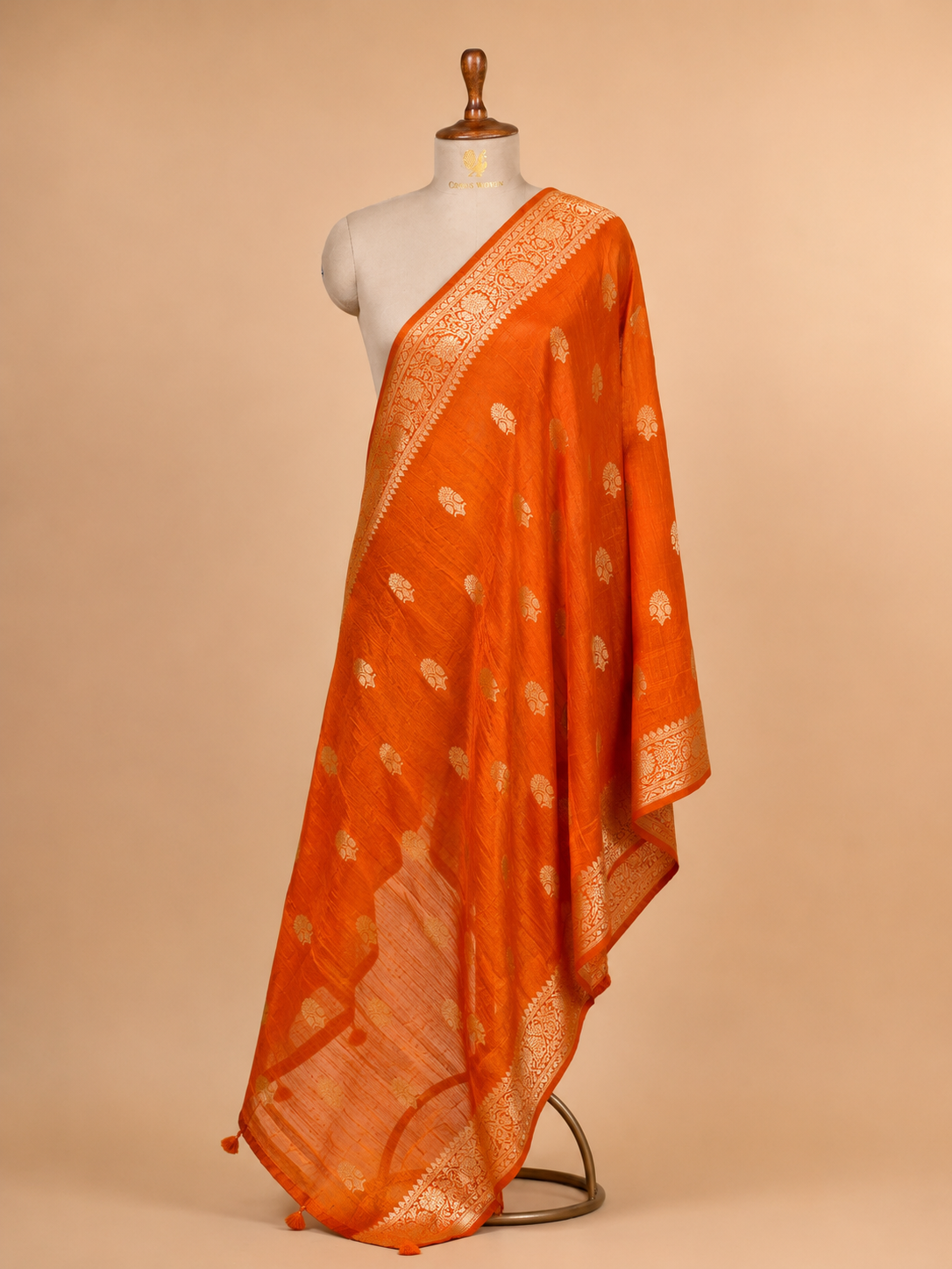 Orange Banarasi Raw Silk Dupatta with Gold Zari Floral Bootis