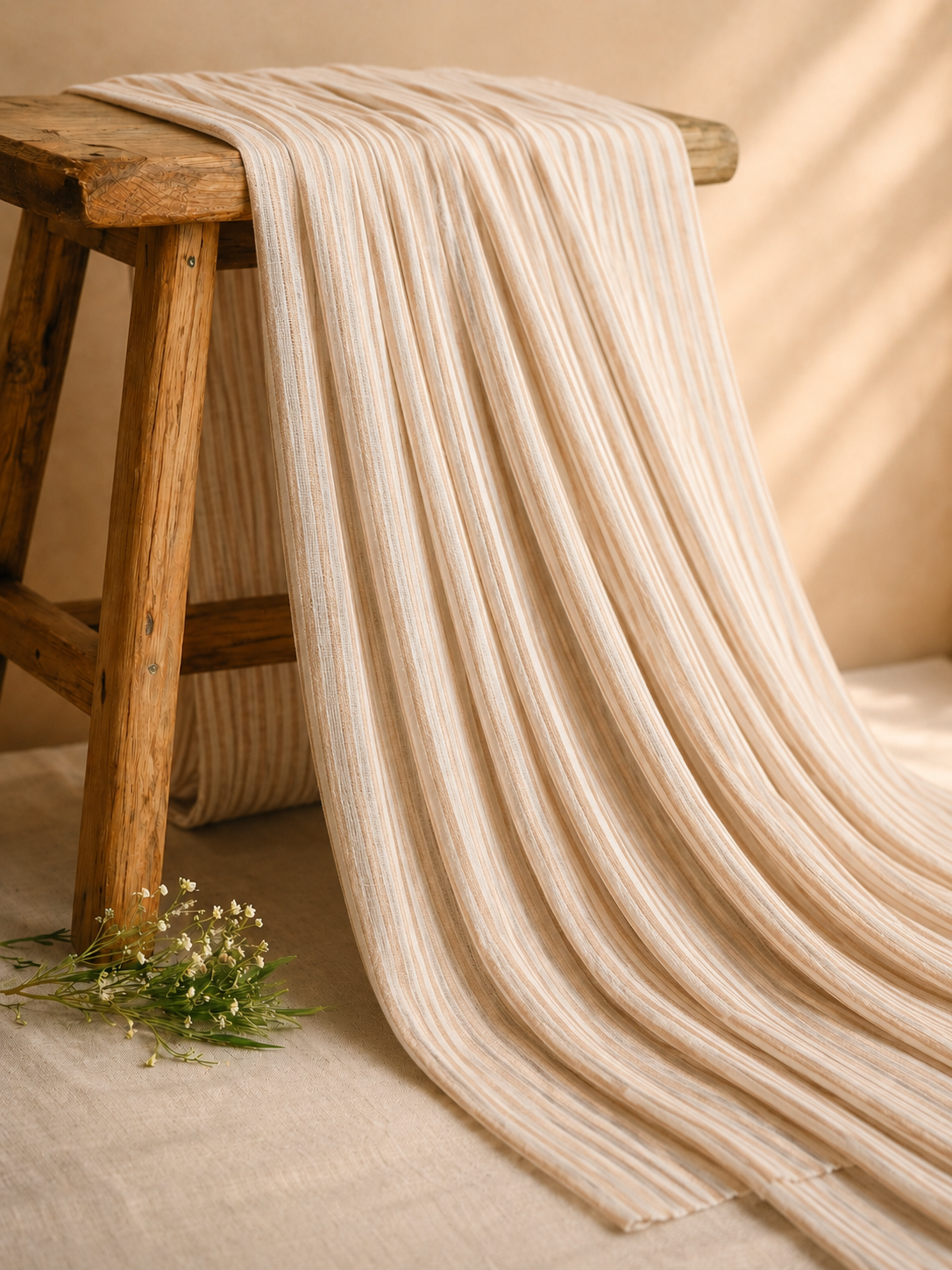 Almond Beige & Ivory Striped Linen Fabric