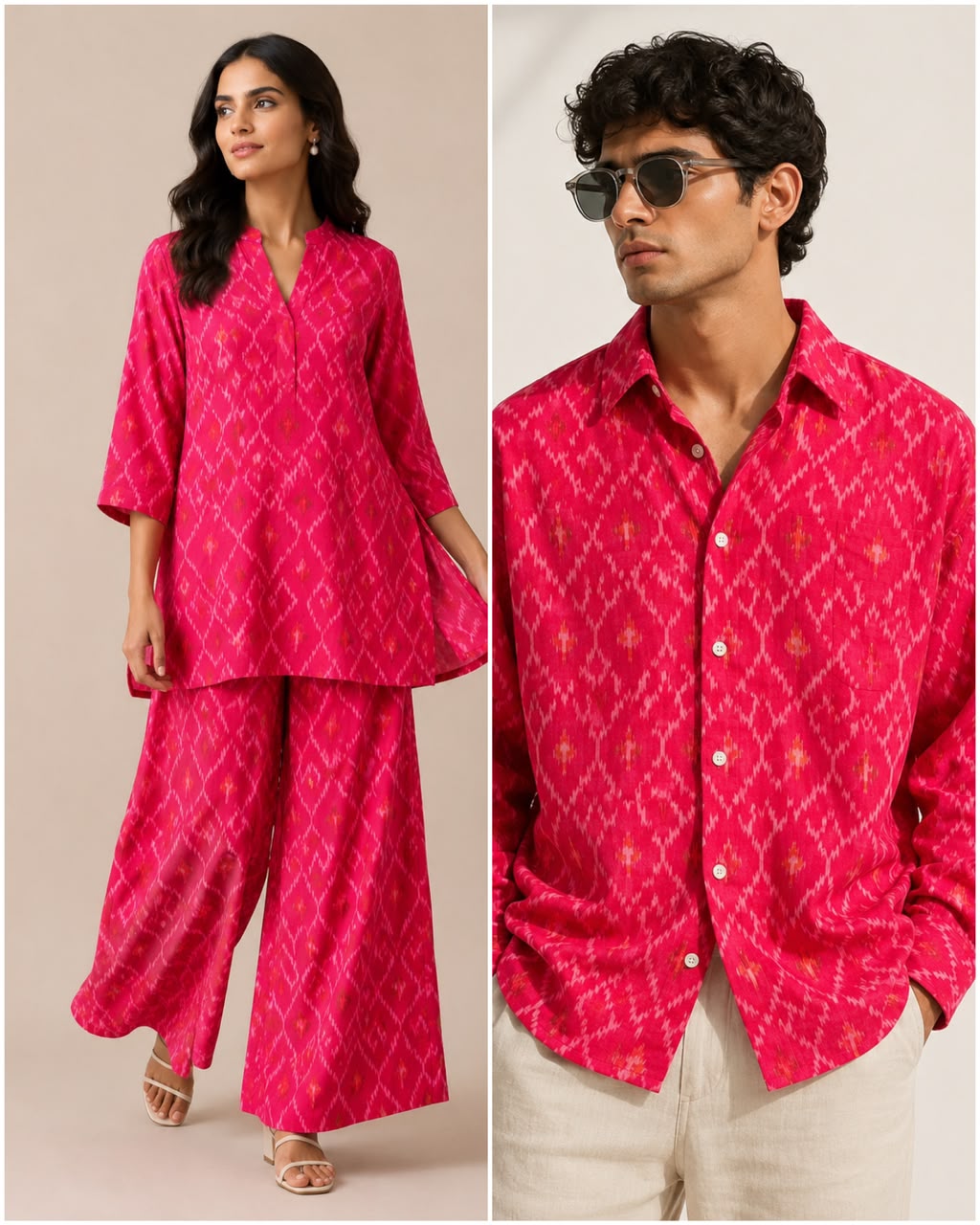 Vibrant Pink Pure Silk Ikat Fabric with Traditional Geometric Motifs