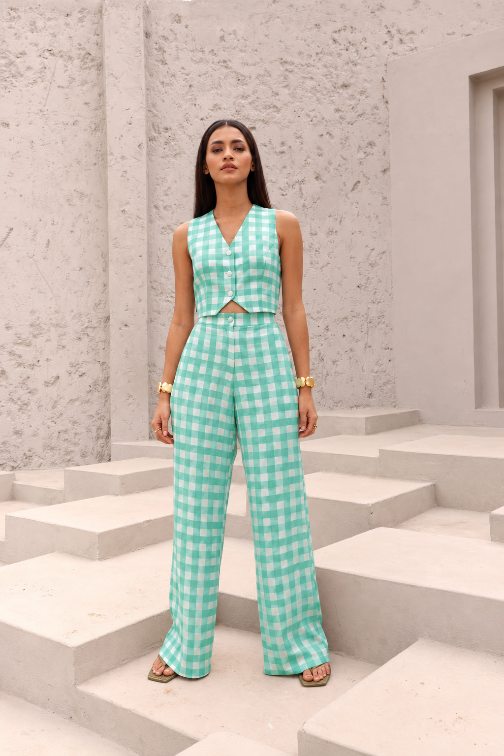 Aqua Green Printed Mul Checkered Fabric