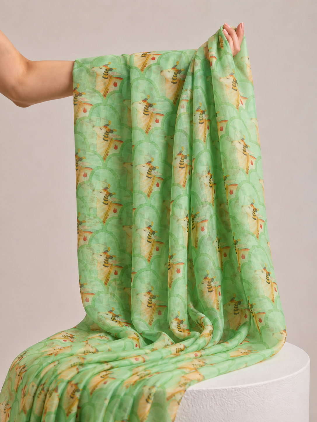 Seafoam Green Mul Pichwai Prints Fabric