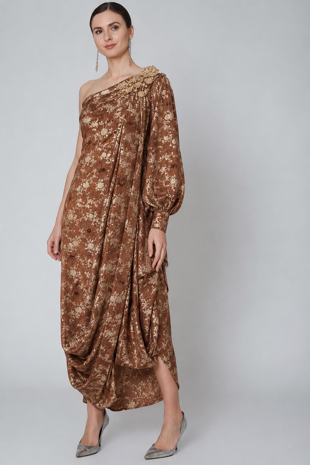 Copper Brown Floral Crush Tissue Silk Fabric