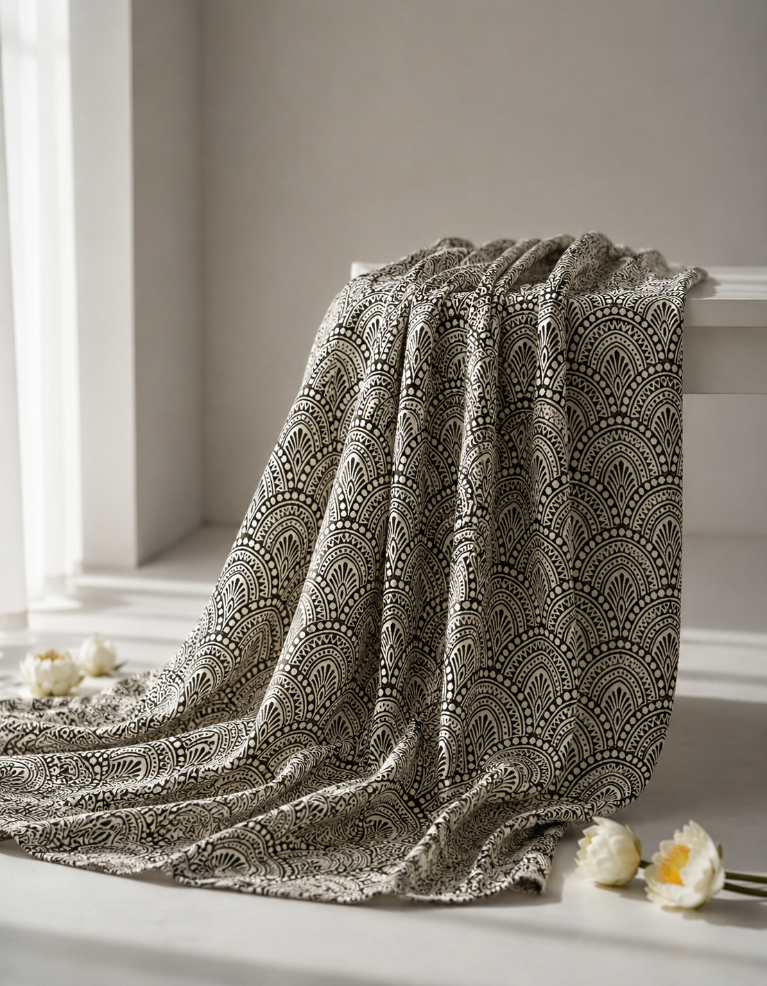 Pure Chanderi Silk Fabric With Black Hand Block Prints