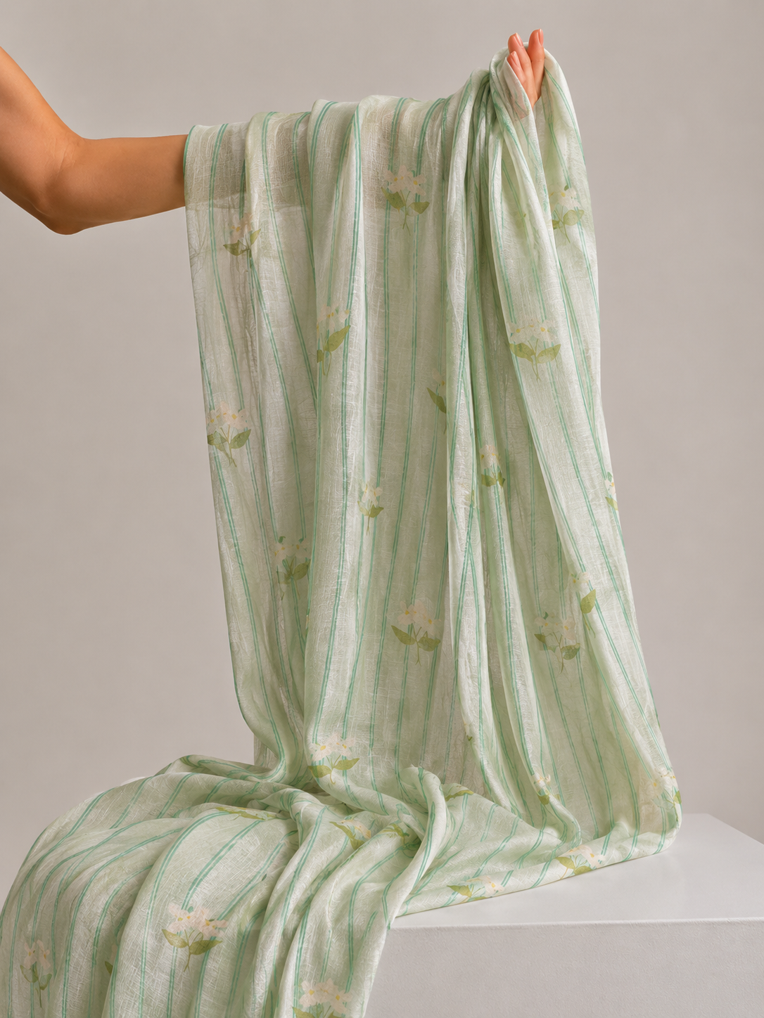 Mint Stripe Floral Mul Cotton Printed Fabric