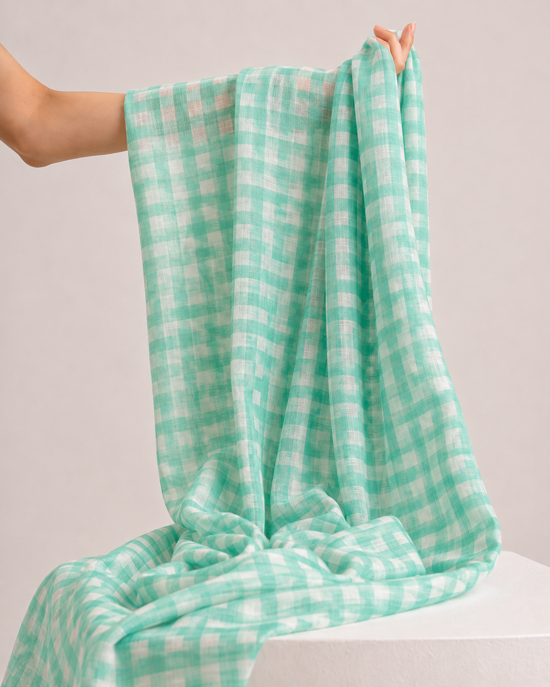 Aqua Green Printed Mul Checkered Fabric