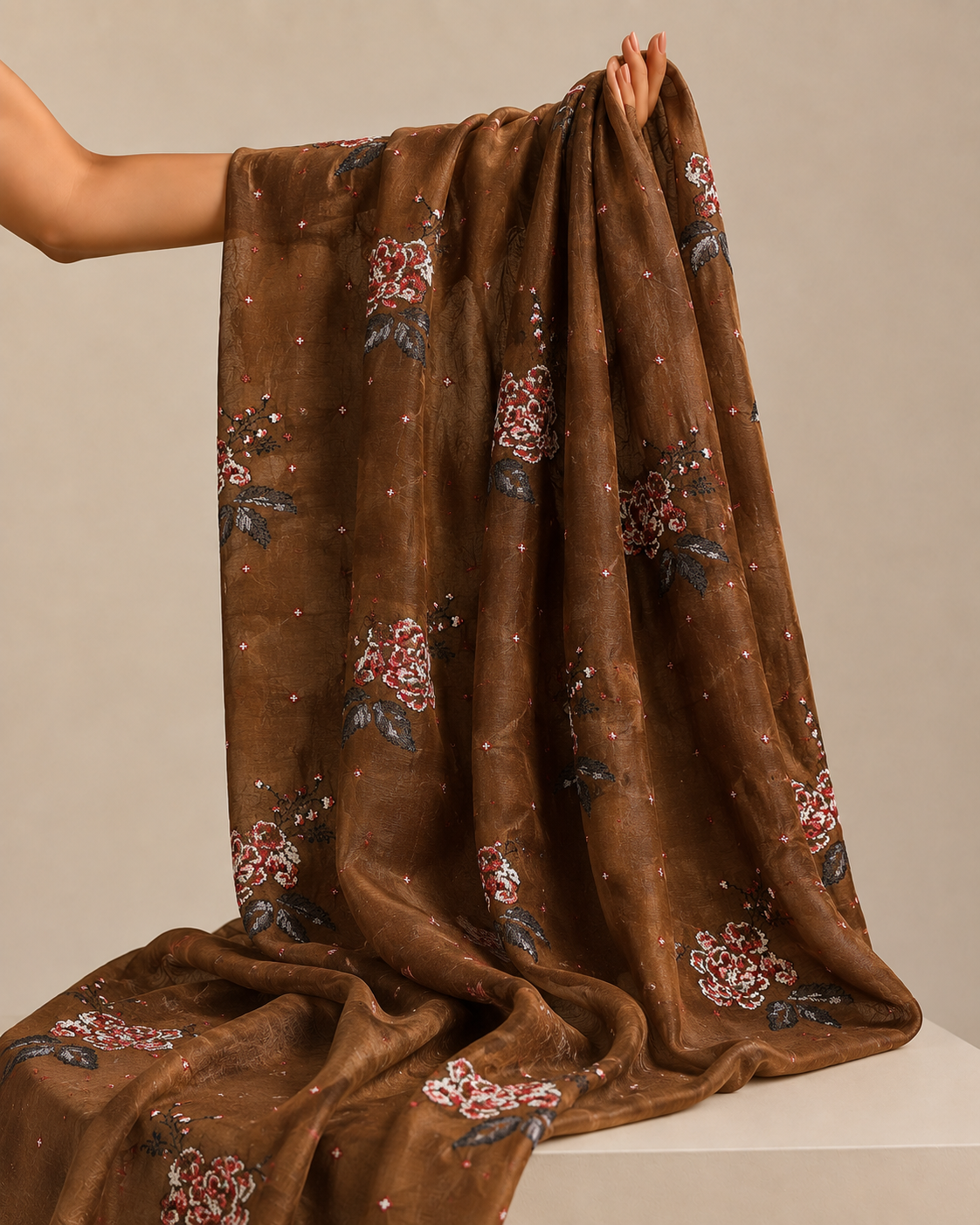 Mocha Brown Mul Fabric Floral Bouquet Embroidered Motif