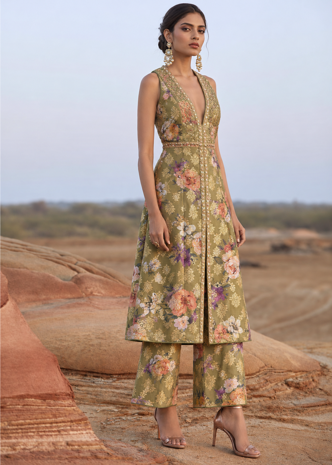 Olive Pastel Pure Soft Silk Fabric With Floral Pattern