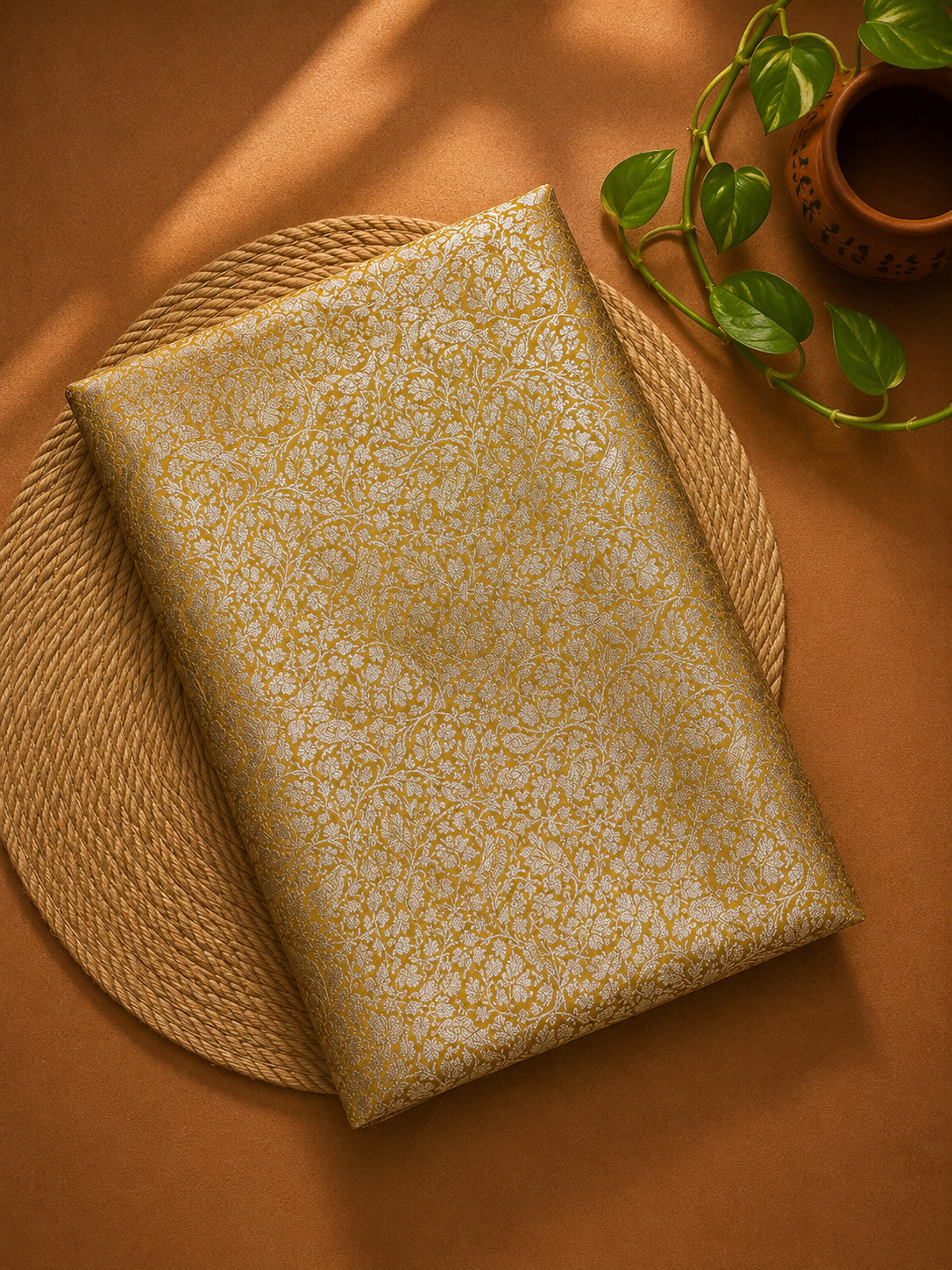 Mustard Gold Shikarghah Katan Silk Handloom Fabric
