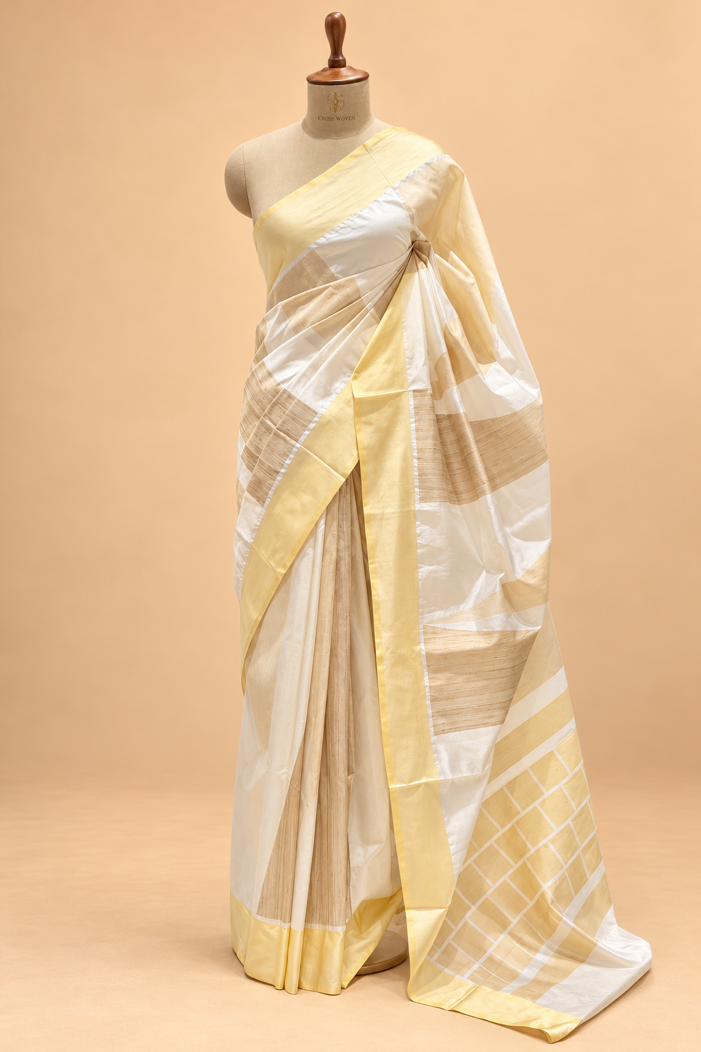 White Pure Silk Fusion Saree With Tusser Silk Panelss