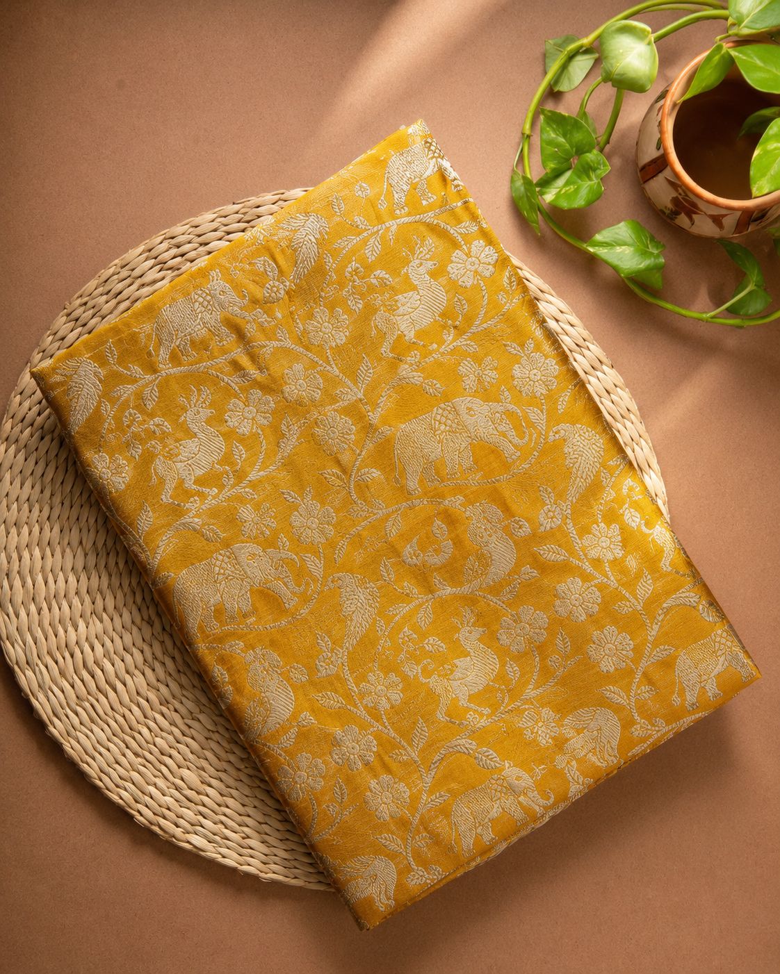 Yellow Shikarghah Katan Silk Handloom Fabric