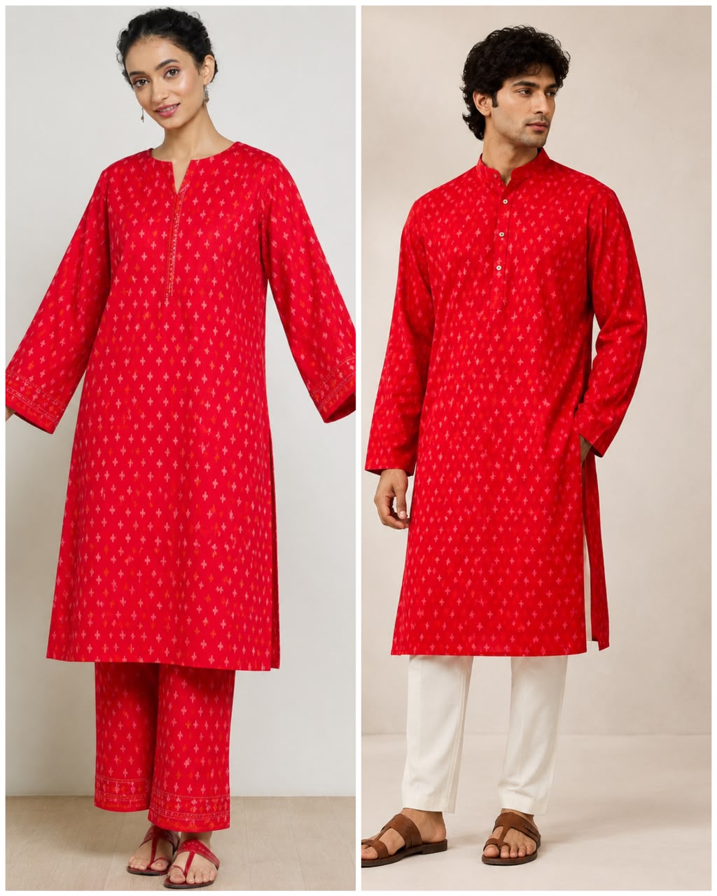 Vibrant Red Pure Silk Ikat Fabric with Traditional Cross Motifs