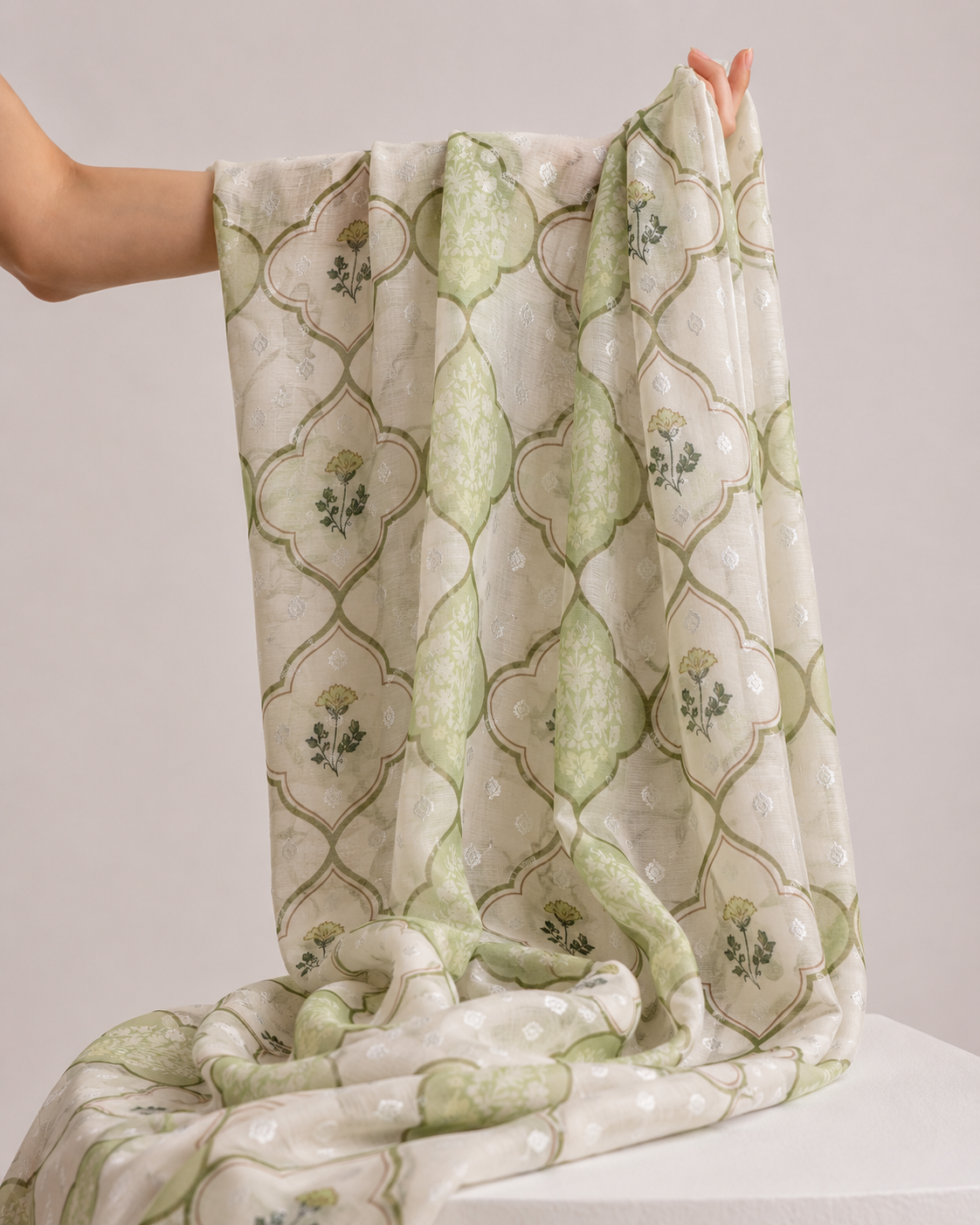 Pistachio Green Geometric Mul Weaving Silk Fabric