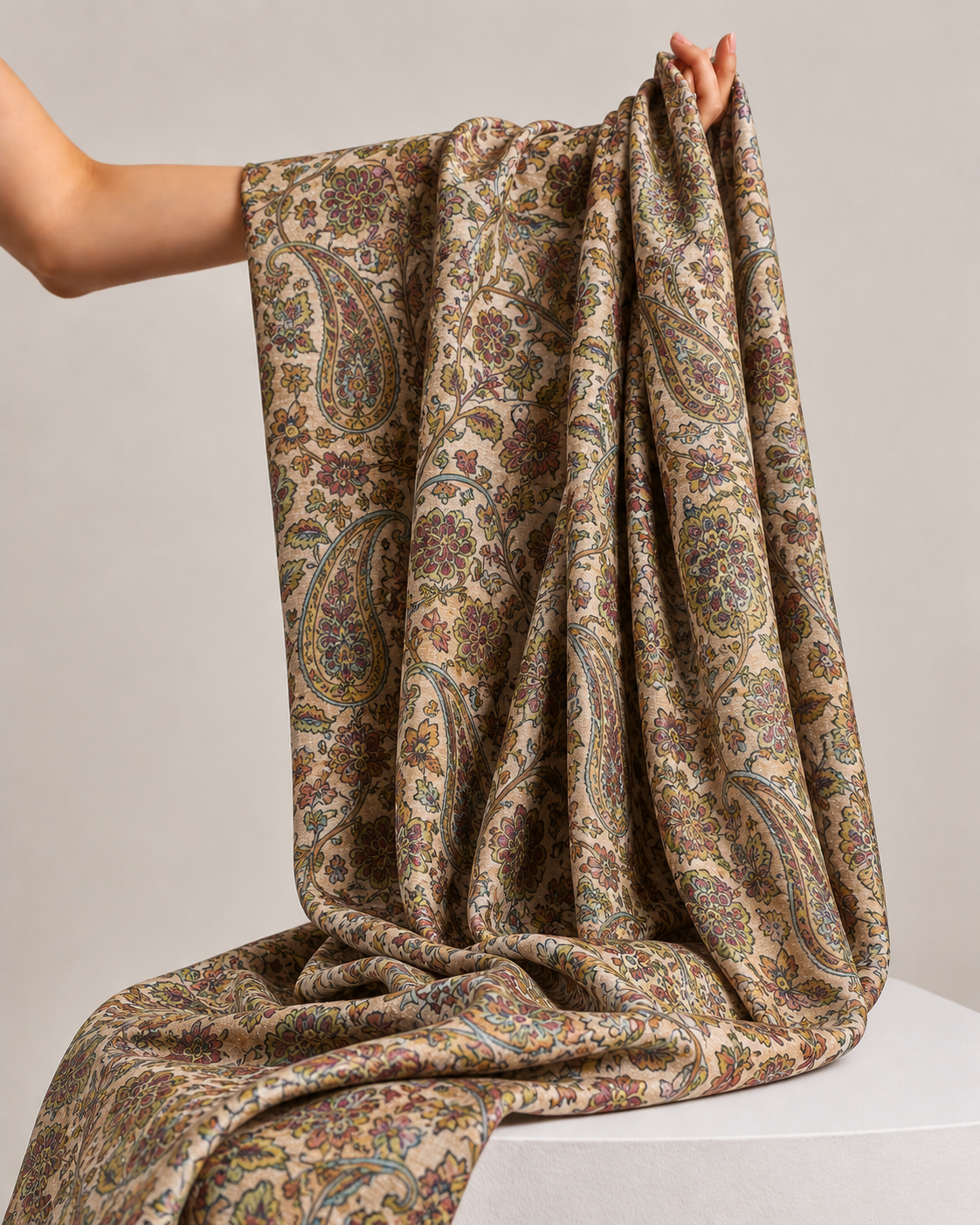 Peach Beige Tussar Kalamkari Printed Fabric