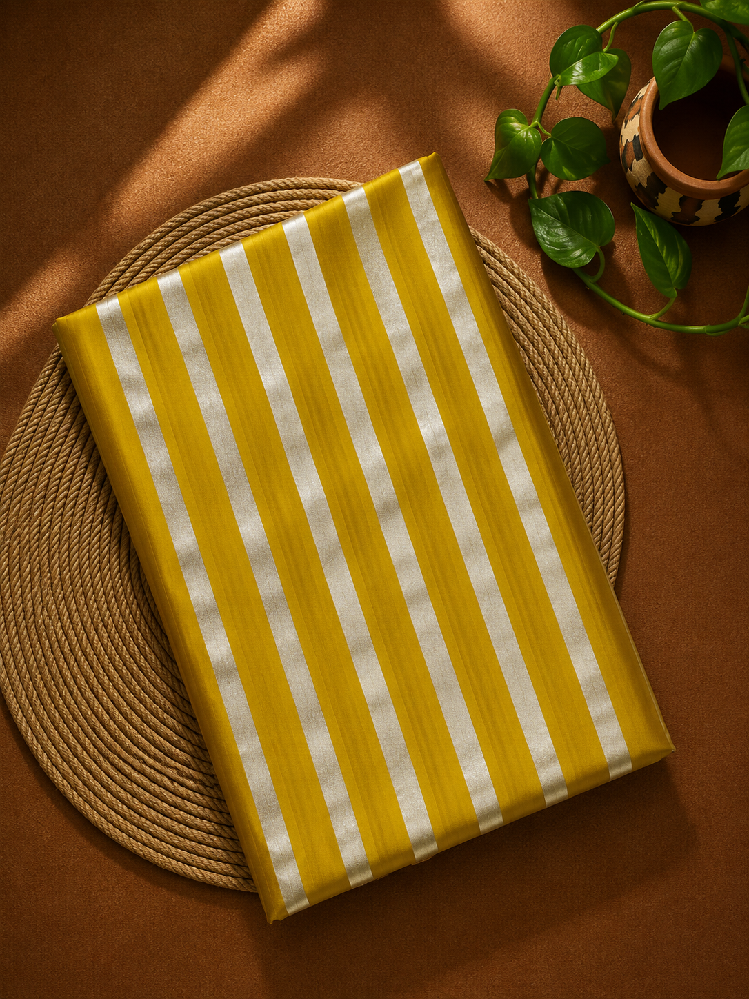 Mustard Yellow & Silver Pure Satin Silk Stripe Fabric