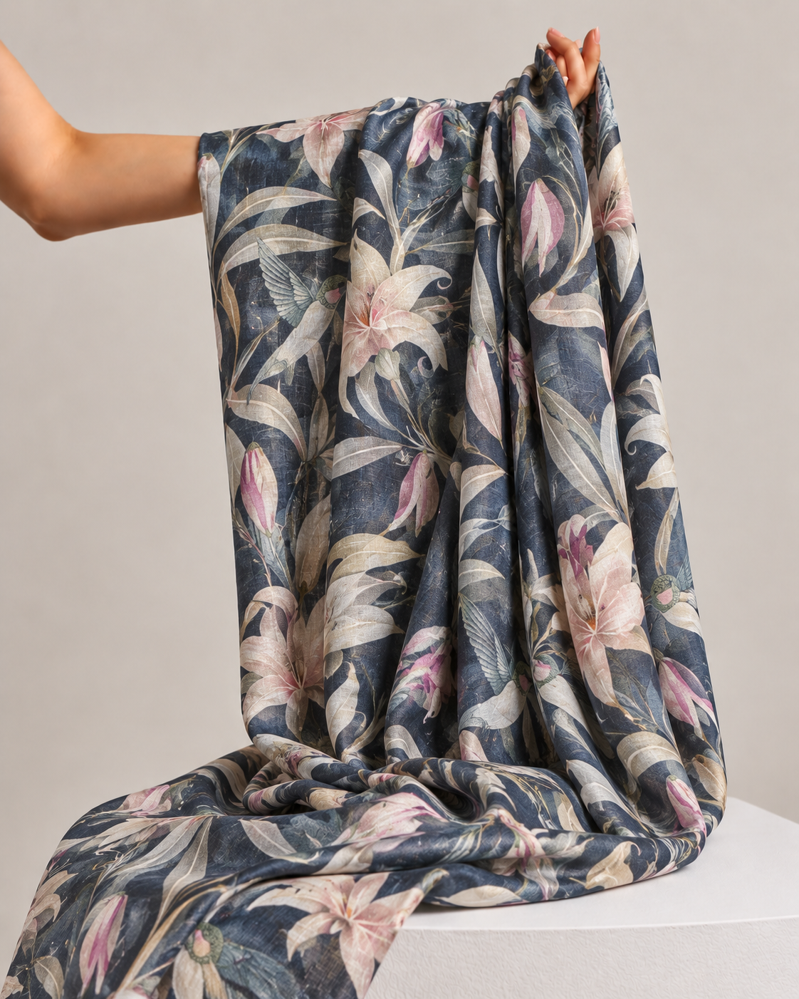 Navy Blue Tussar Kalamkari Printed Fabric