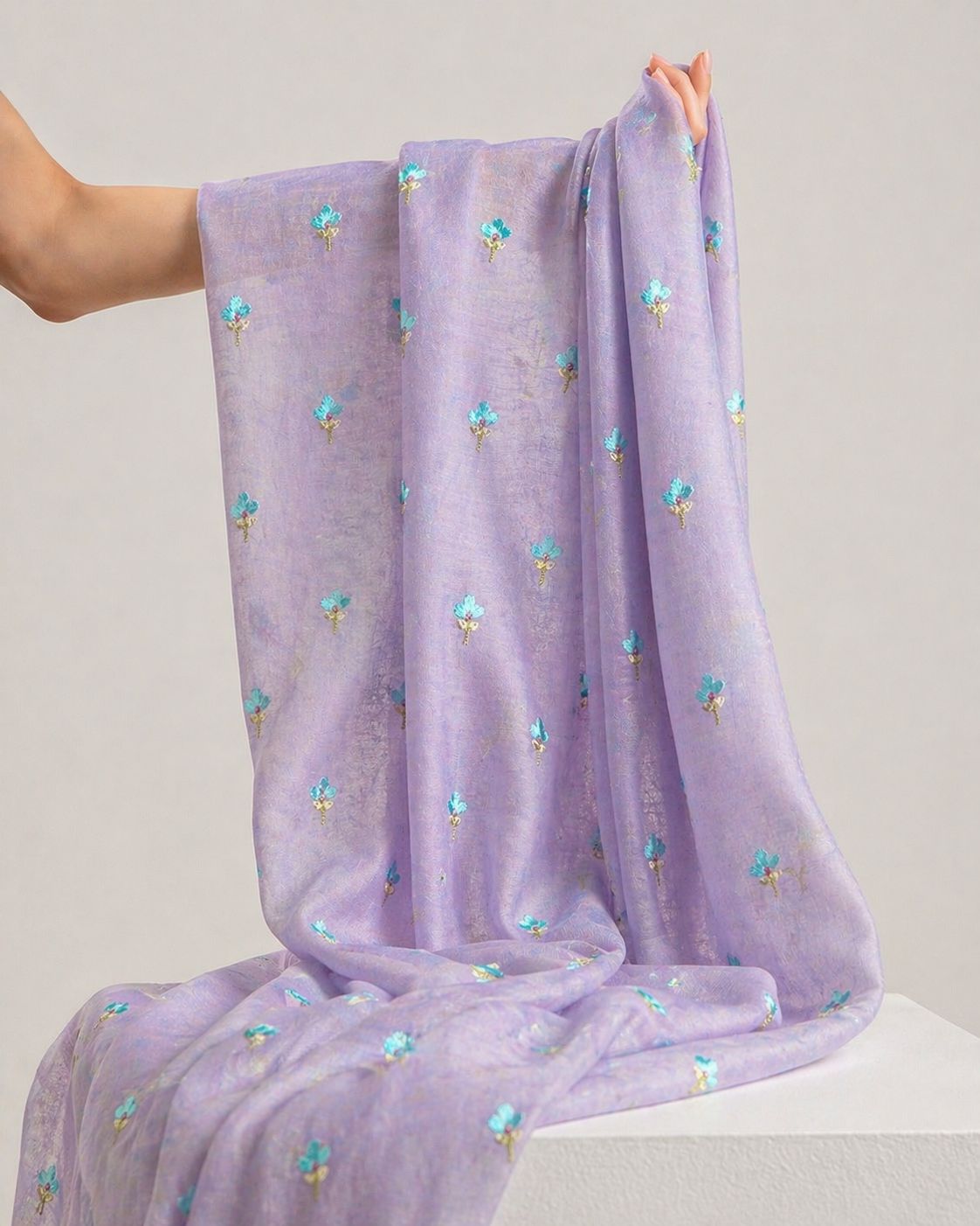 Lavender Mul Fabric With Embroidery
