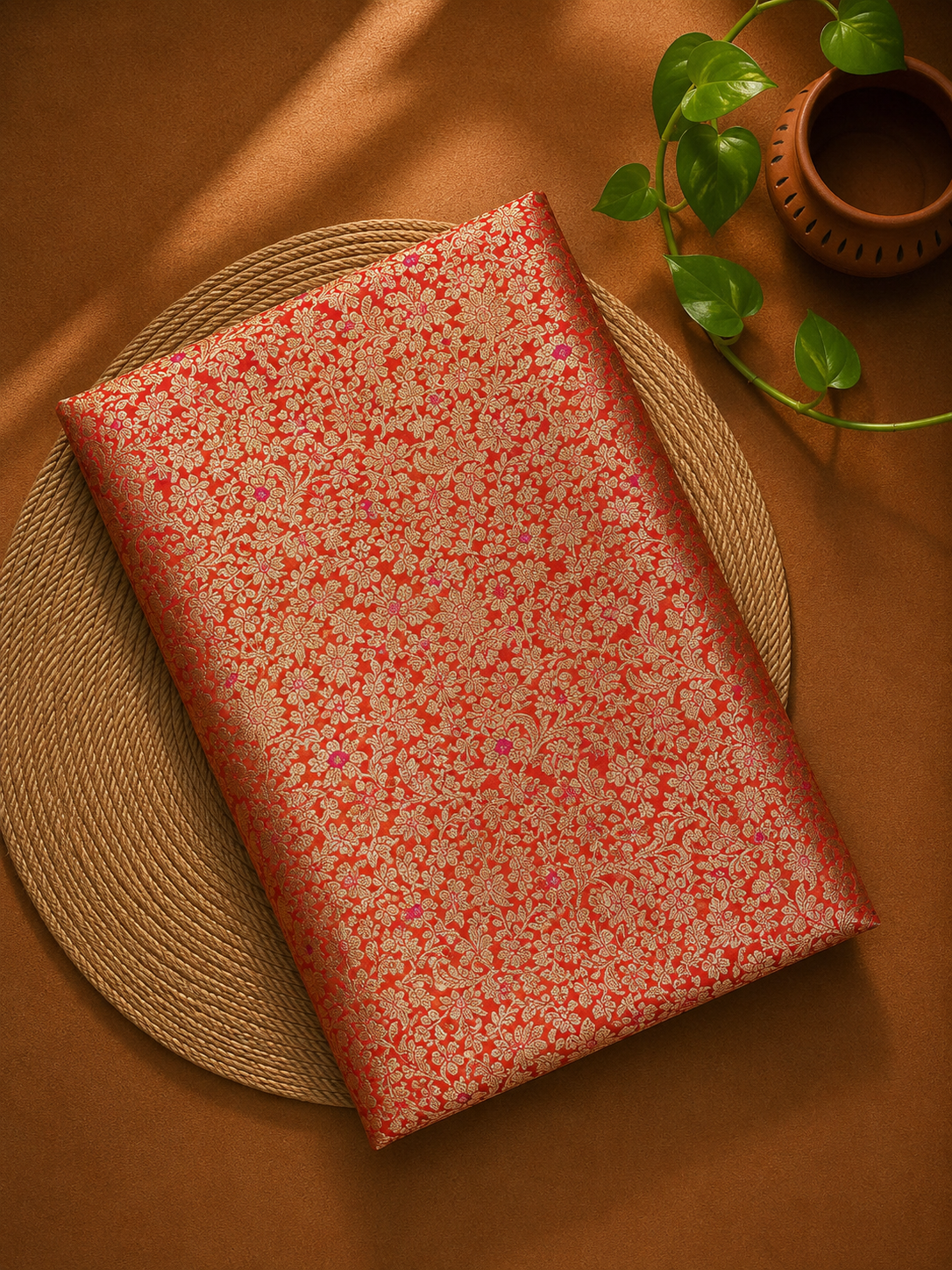 Orange Meenakari Brocade Katan Silk Handloom Fabric