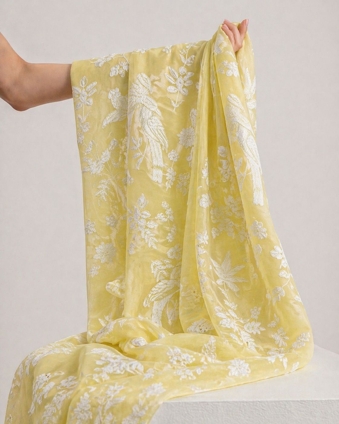 Lemon Yellow Mul Fabric with Parsi Gara Embroidered Pattern