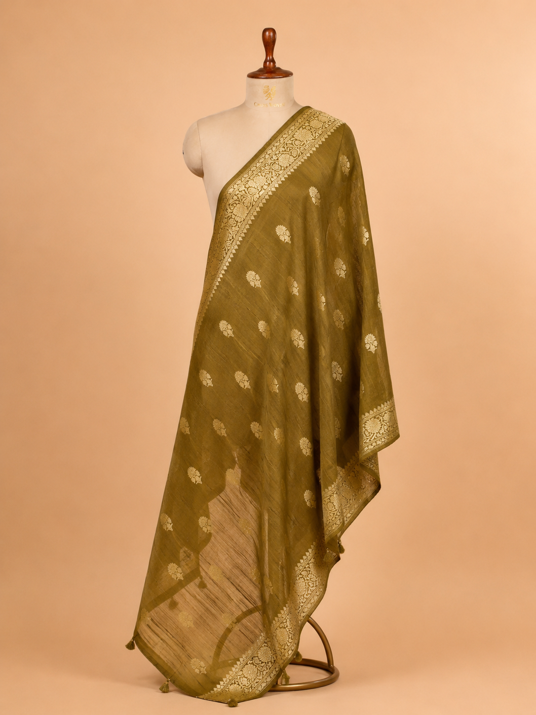 Olive Green Banarasi Raw Silk Dupatta with Gold Zari Floral Bootis