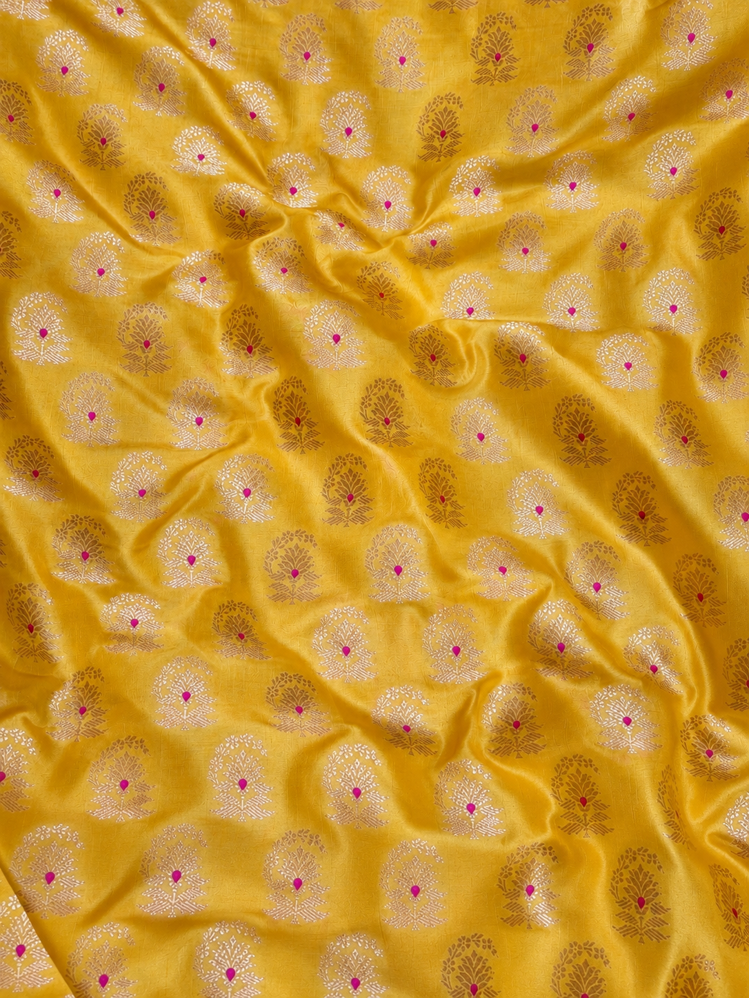 Yellow Pure Katan Silk Floral Meenakari Motif Fabric