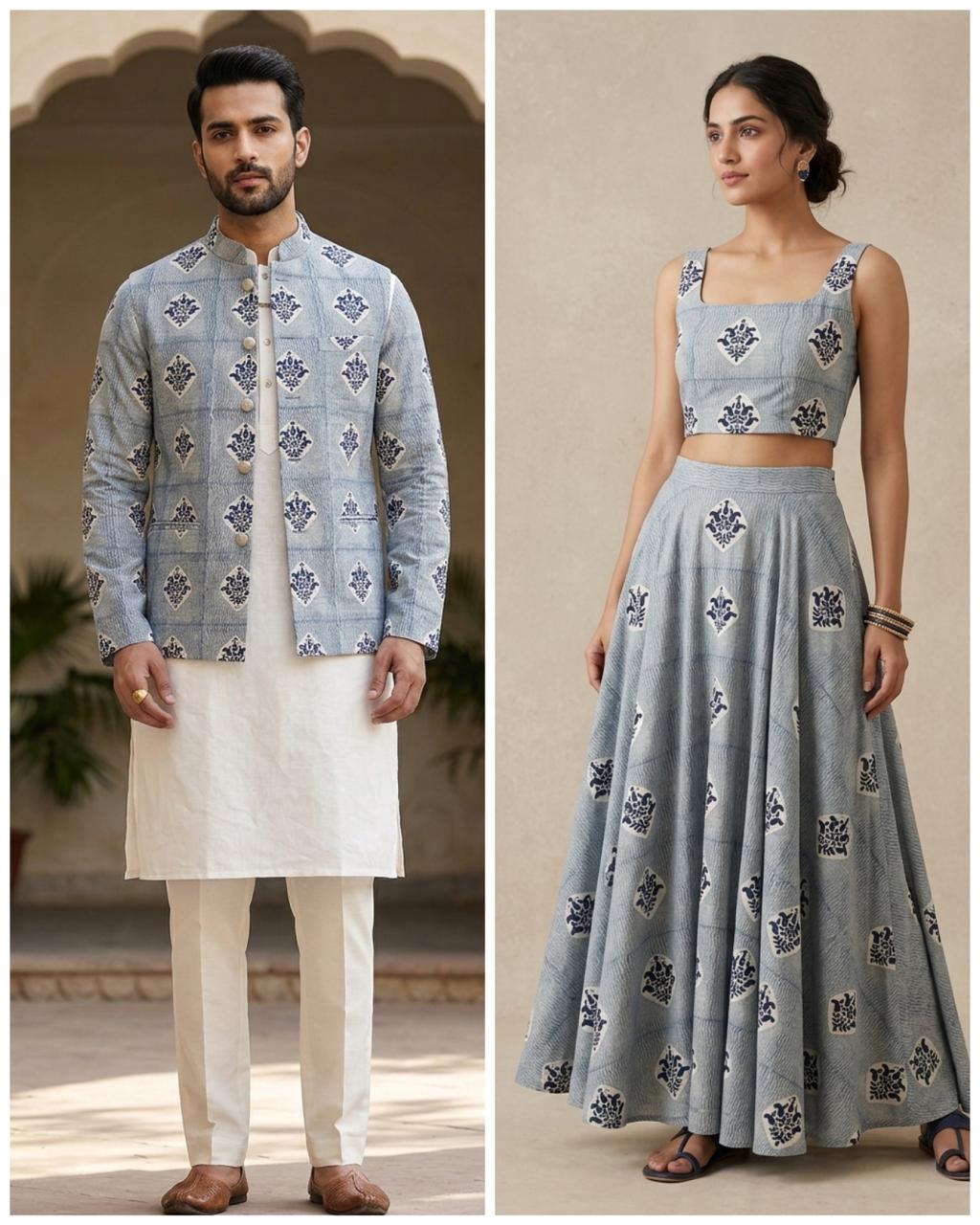 Blue Chanderi Silk Fabric With Floral Block Printing