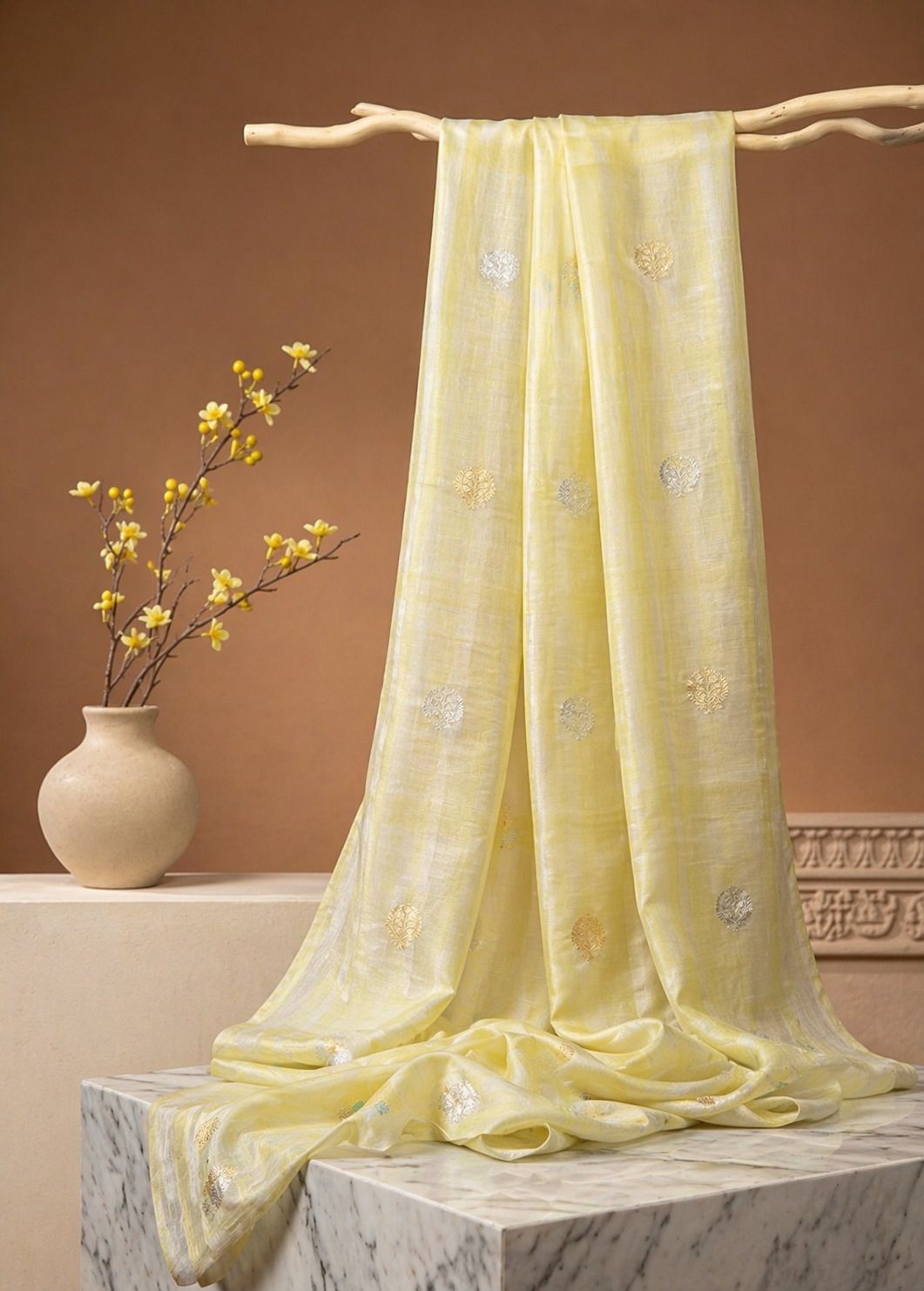 Lemon Yellow Premium Cotton Fabric With Floral Motifs